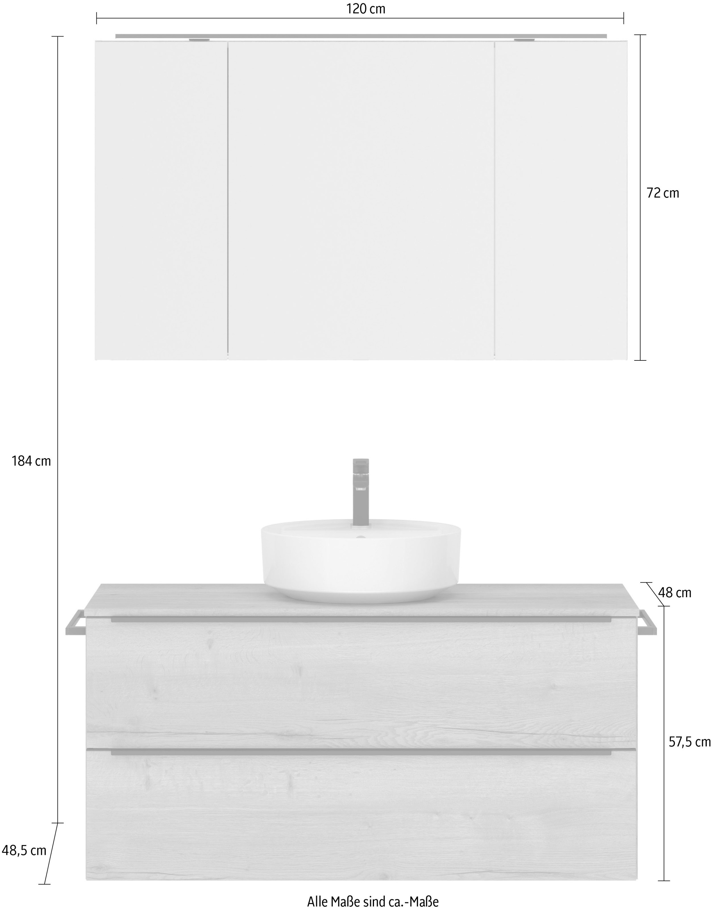 nobilia® Badmöbel-Set »Alvene«, (2 St., vormontiert, mit Soft-Close), inkl. Spiegelschrank mit Beleuchtung und Dimmerfunktion, in 4 Breiten