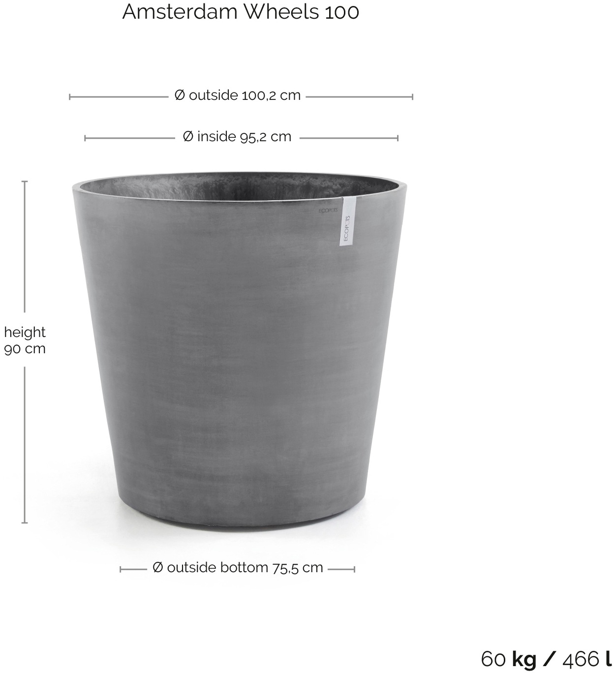 ECOPOTS Blumentopf »Amsterdam mit Rollen 100 Grau«, für innen und außen: frostsicher, bruchsicher und lichtbeständig
