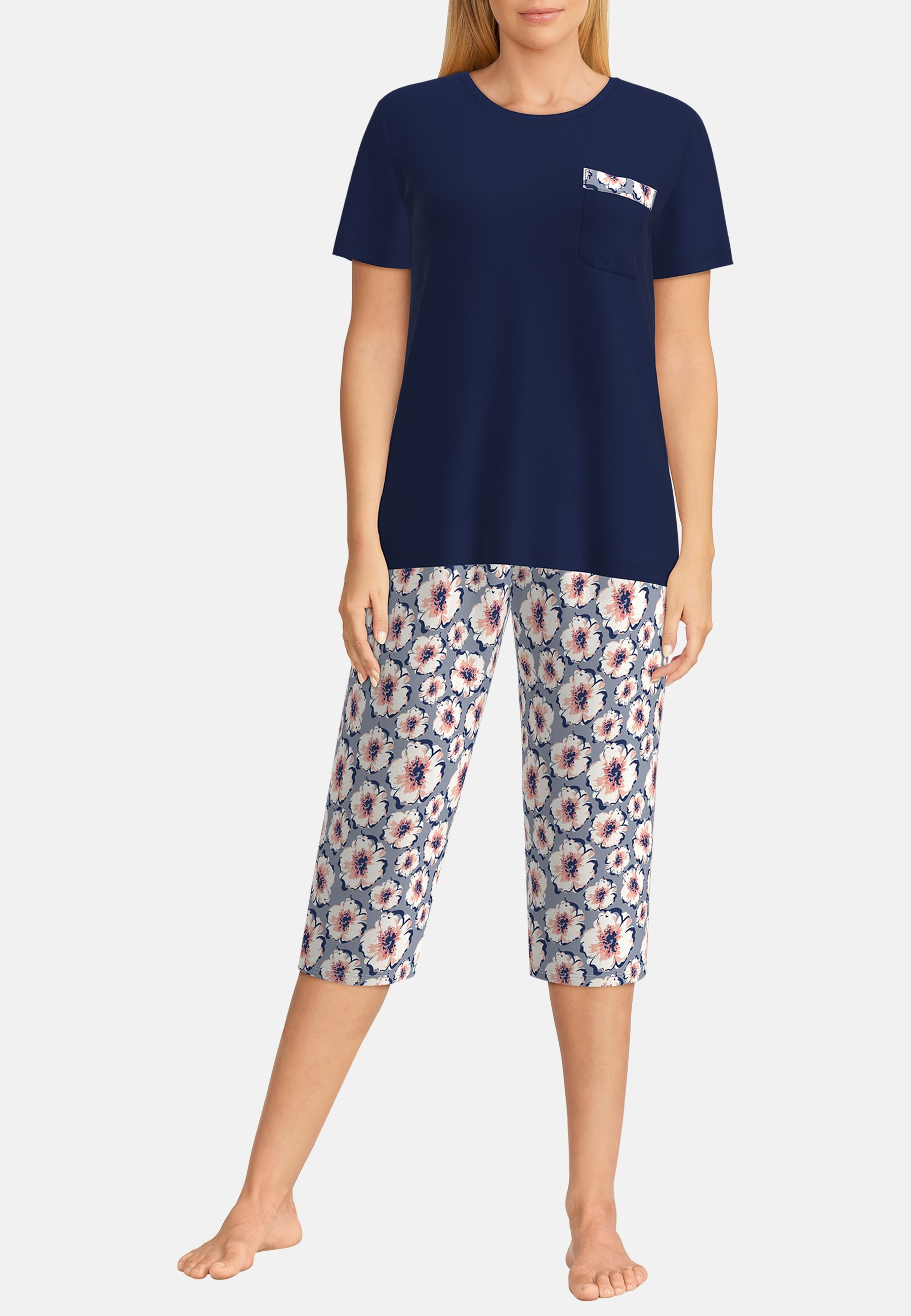 GÖTZBURG Capri-Pyjama »Galway«, (2 tlg.), Kurzarm, 3/4 lange Hose, Rundhalsausschnitt, Baumwolle, feminin