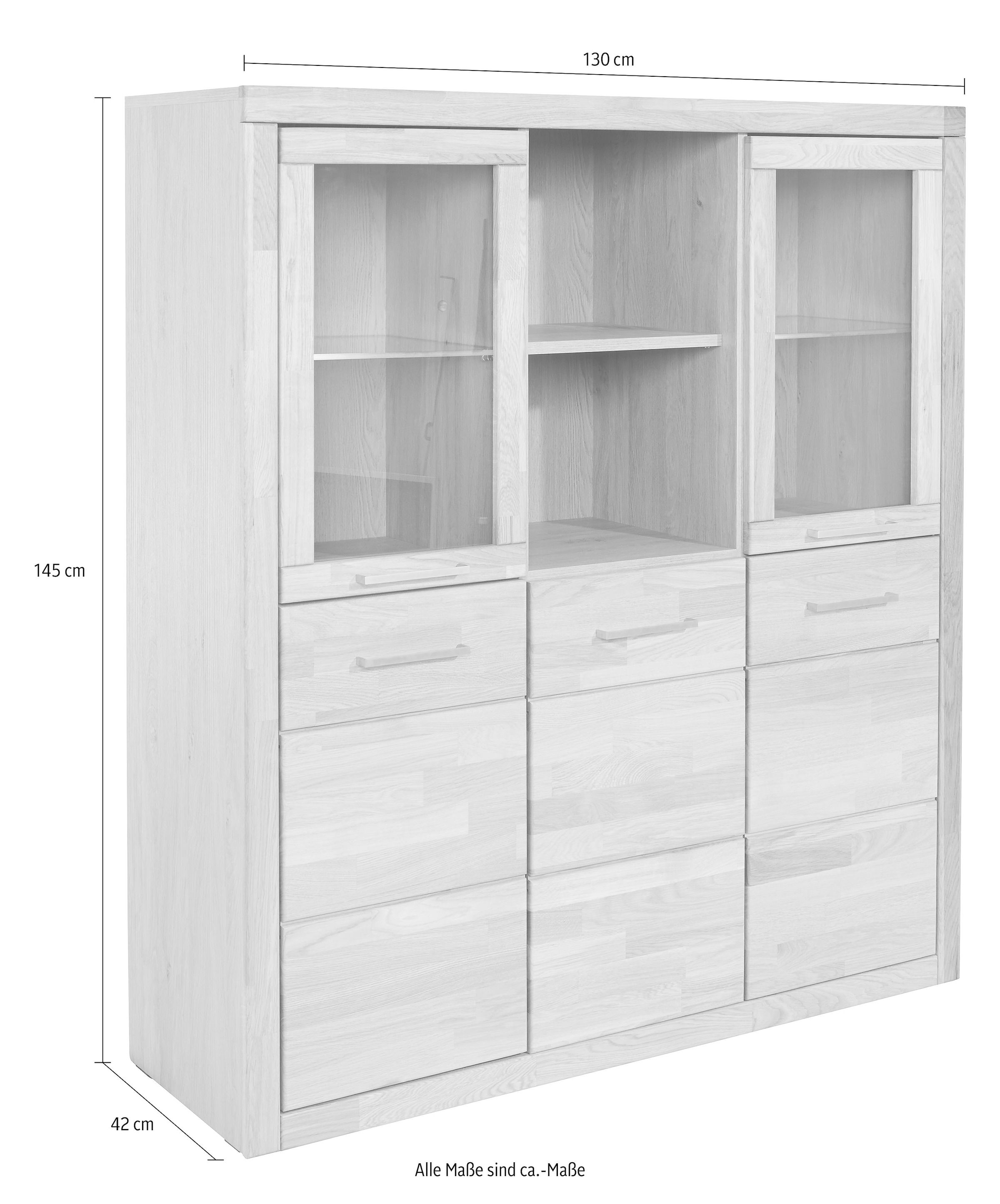 Home affaire Highboard »Trondheim,130cm breit,42 cm tief, Fronten Holzmassiv, Metallgriffe«, Korpus aus Holzwerkstoff,4 Türen,12 Fächer, Böden teilweise versetzbar