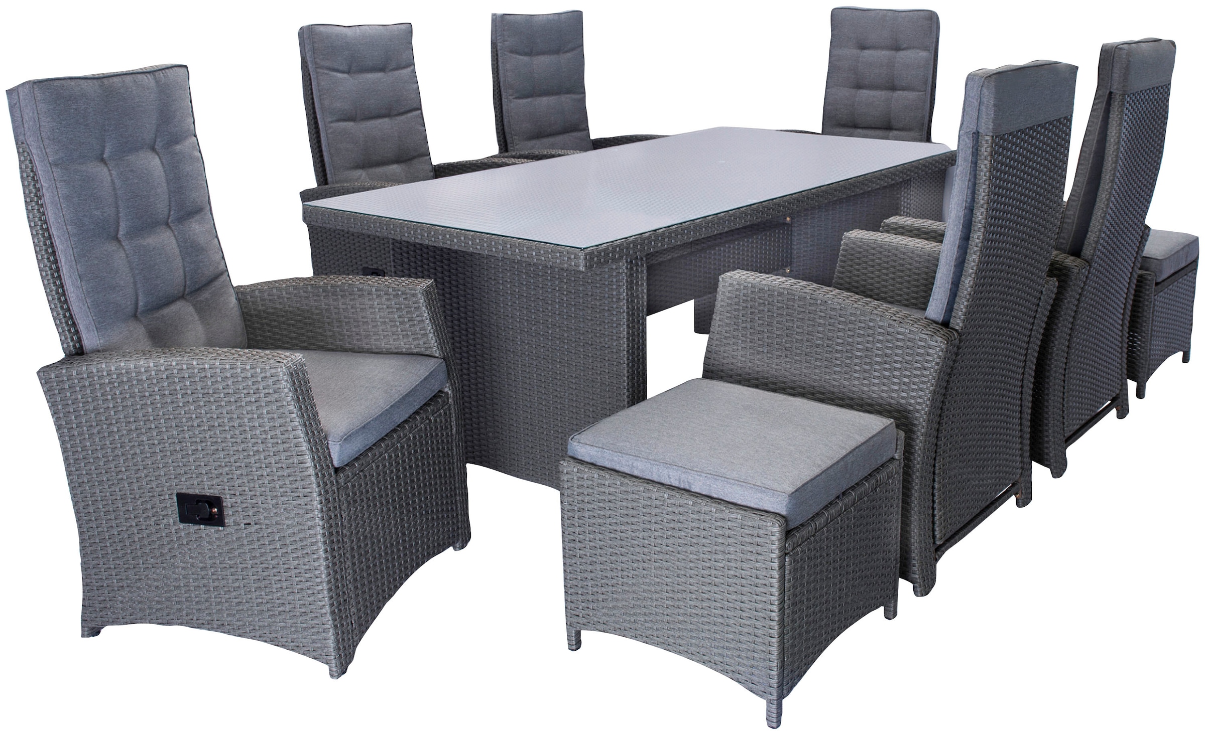 KONIFERA Garten-Essgruppe »Paris«, (Set, 17 tlg., 2x Fußhocker,inkl. Auflagen,Tischplatte aus Sicherheitsglas,Aluminium), Tisch: 200x100x75 cm, verstellbare Rückenlehne, inkl. Schutzhülle