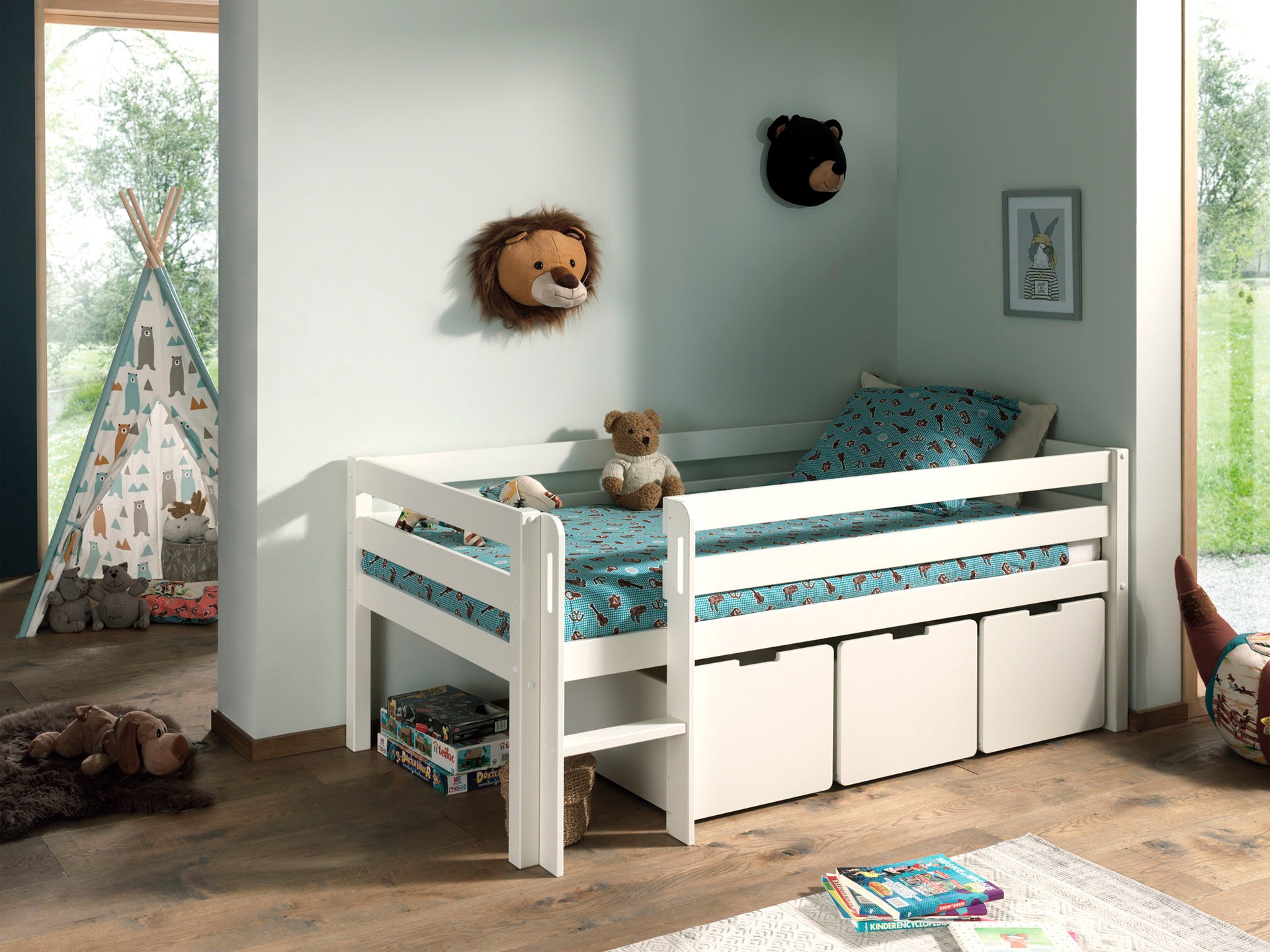 Vipack Spielbett »Pino, Kiefer massiv, mit Rolllattenrost, 3 Rollboxen, Made in Europe«, (B/H/T ca. 207,6x83x104,9cm, inkl. Leiter und Absturzschutz), wahlweise mit oder ohne Hängeregal, 2 Farben zur Auswahl