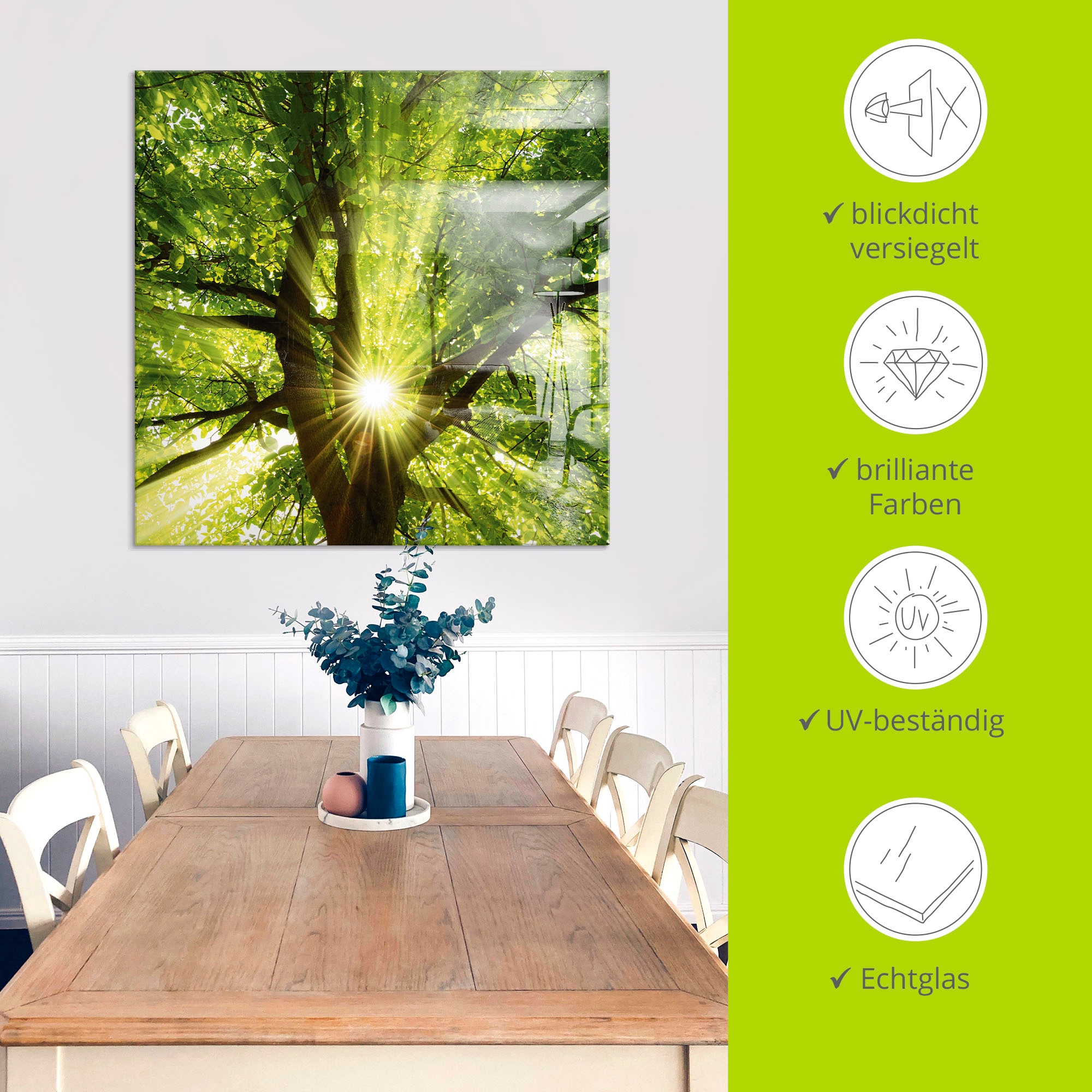 Artland Glasbild »Sonne strahlt explosiv durch den Baum«, Bäume, (1 St.), in verschiedenen Größen