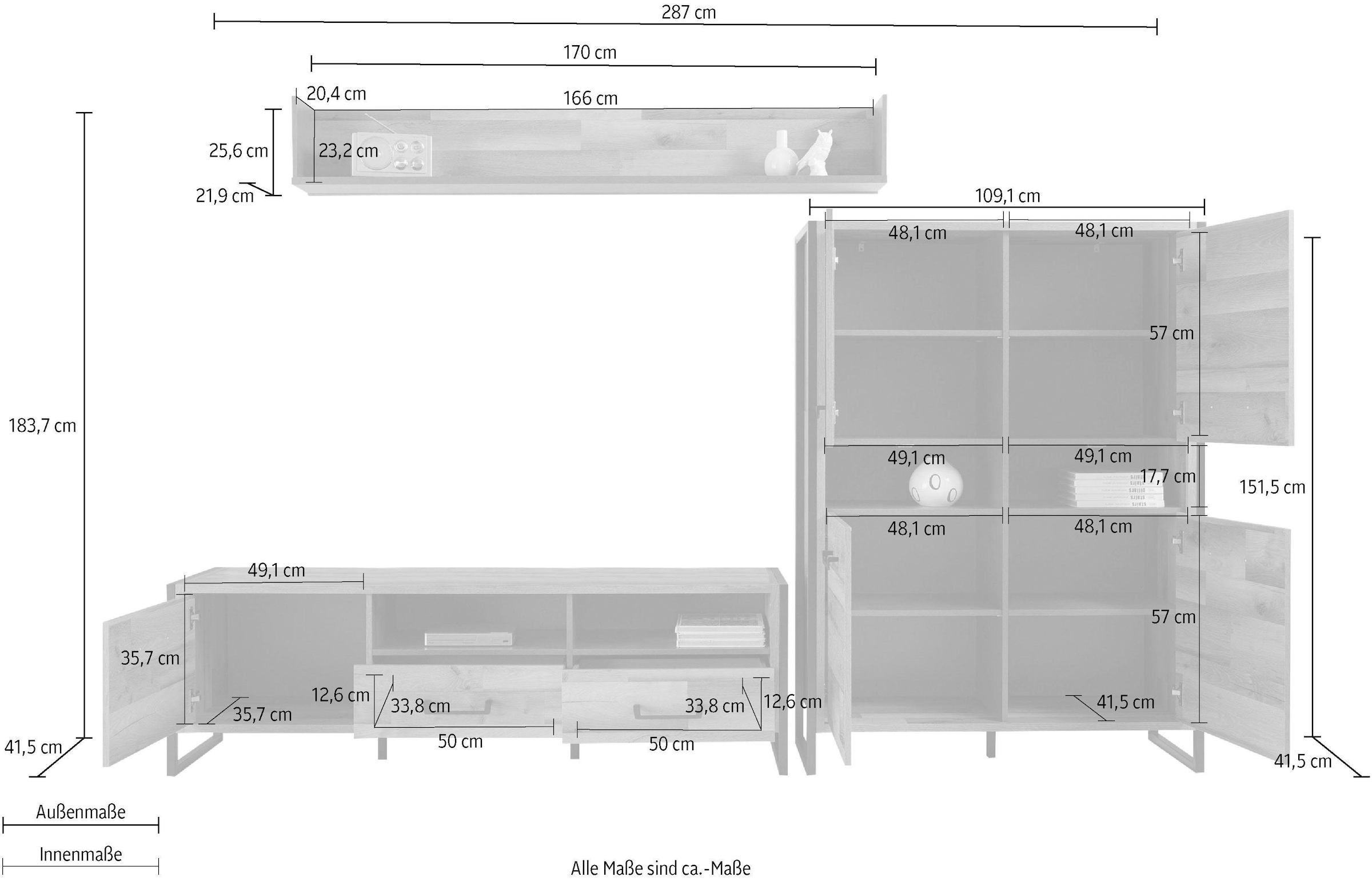 FORTE Wohnwand, (Set, 3 St., 3-tlg.), Metallrahmen matt, Front/Korpus aus Holzwerkstoff