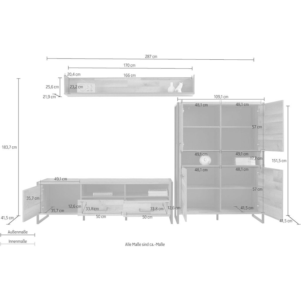 FORTE Wohnwand, (Set, 3 St., 3-tlg.), Metallrahmen matt, Front/Korpus aus Holzwerkstoff