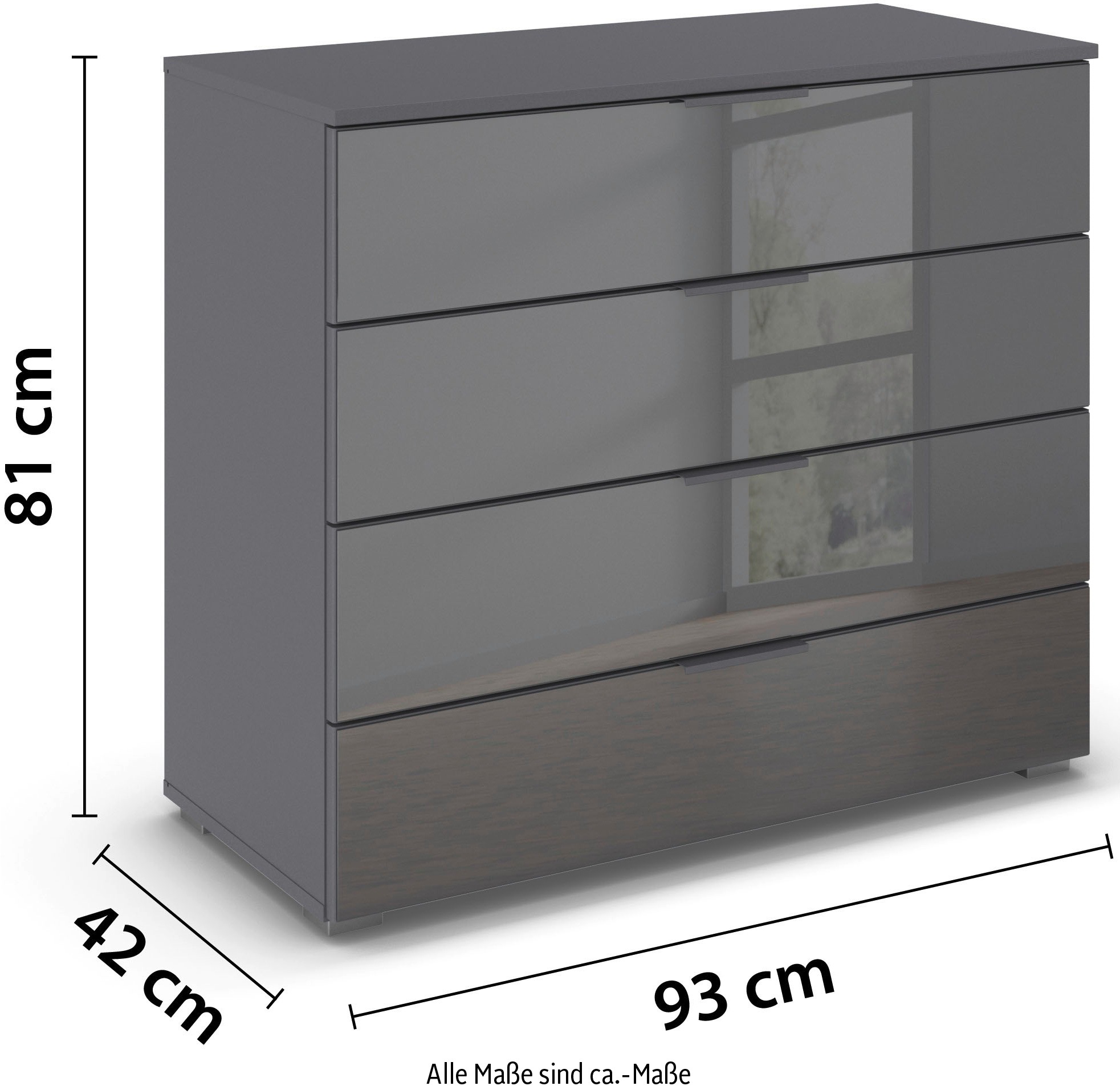 rauch Schubkastenkommode »Sideboard Schubladenkommode Schubladenkommode AGORDO mit Glasfront«, (in zwei Griff-Farben), Breite 93 cm mit 4 großen Schubladen für viel Stauraum MADE IN GERMANY