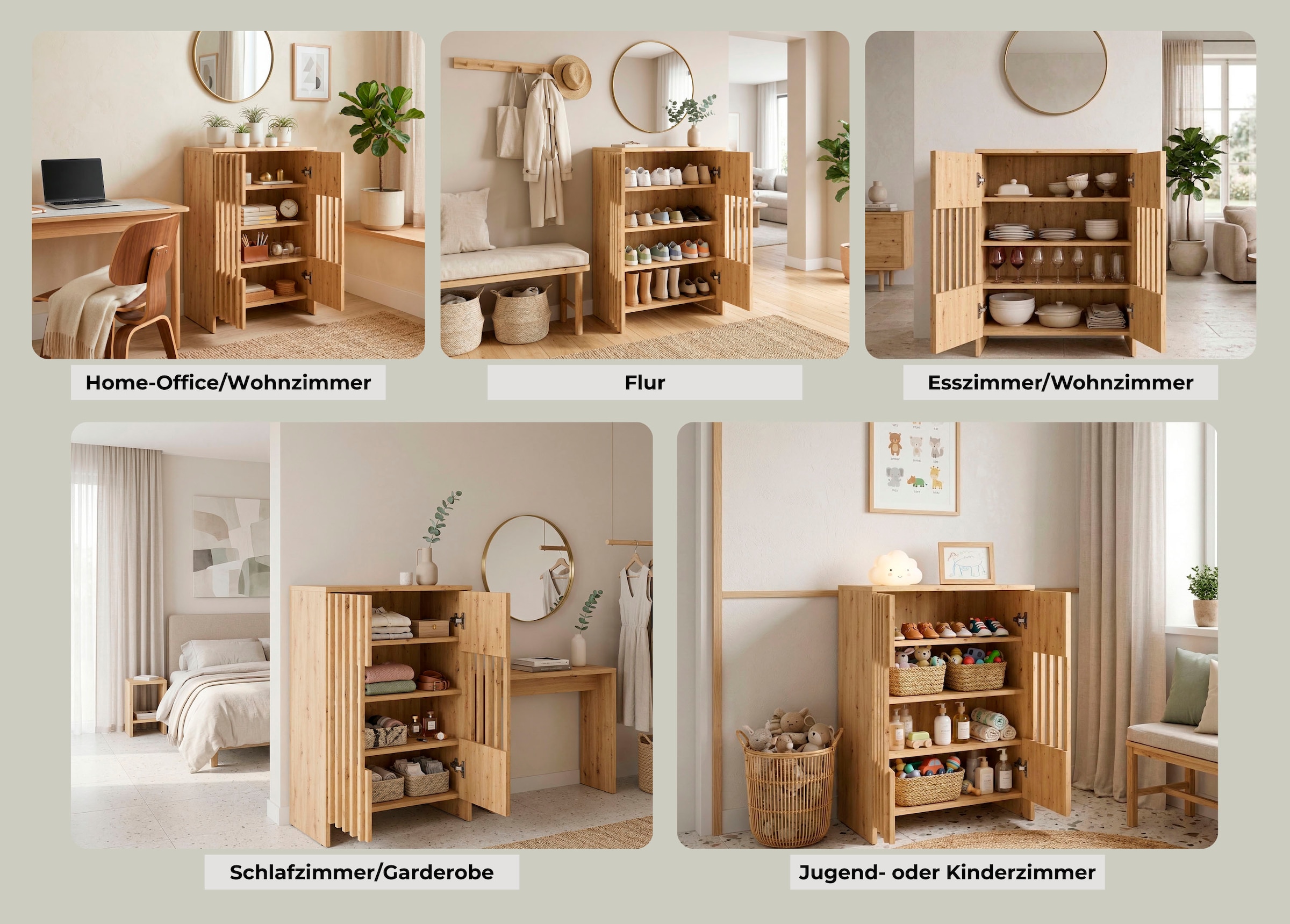 Home affaire Mehrzweckschrank »MURET, multifunktionale Kommode, 4 Fächer und 2 Türen, Lamellenfronten« Maße B/T/H: 60/35,4/87 cm,  Kommode mit viel Stauraum, Maße B/T/H: 60/35,4/87 cm