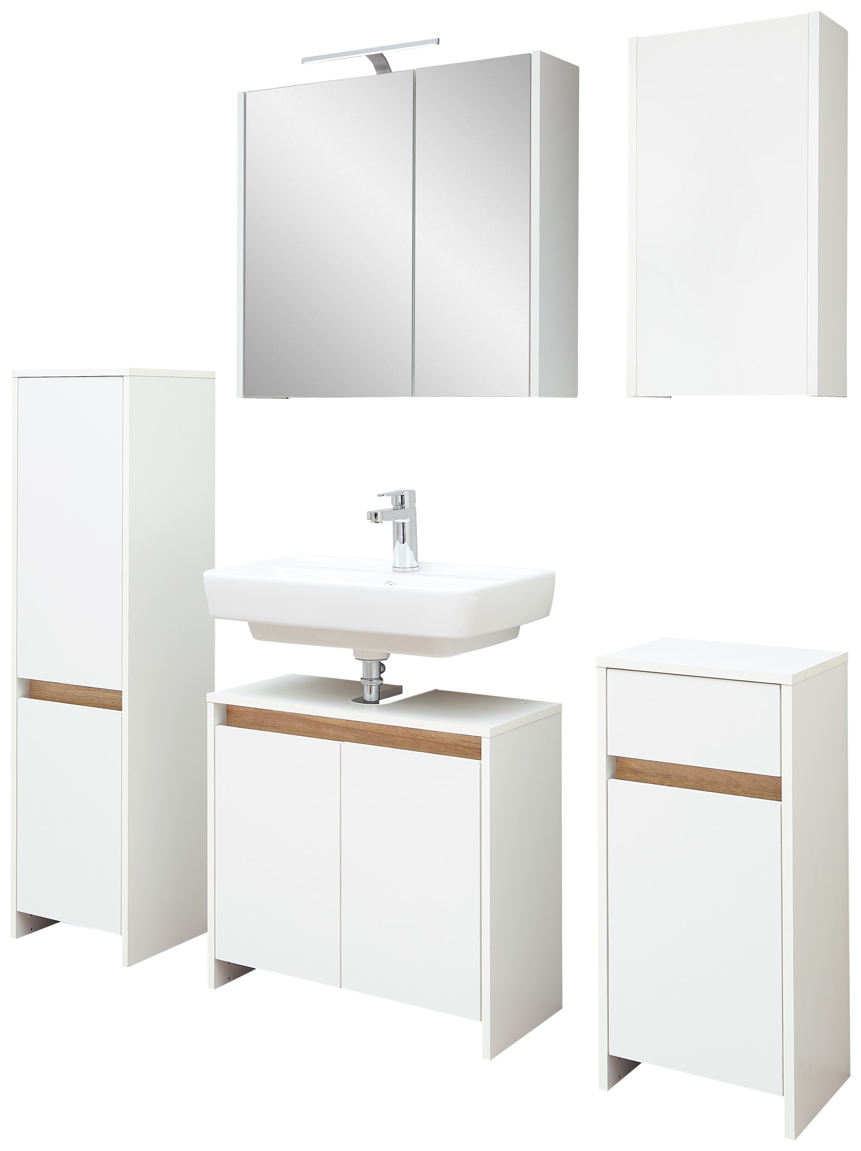 Saphir Badmöbel-Set »Badmöbel-Set Quickset 100, Waschbeckenunterschrank mit Spiegelschrank«, (5 St.), Badezimmer-Set mit Unterschrank, Hängeschrank und Midischrank in Weiß