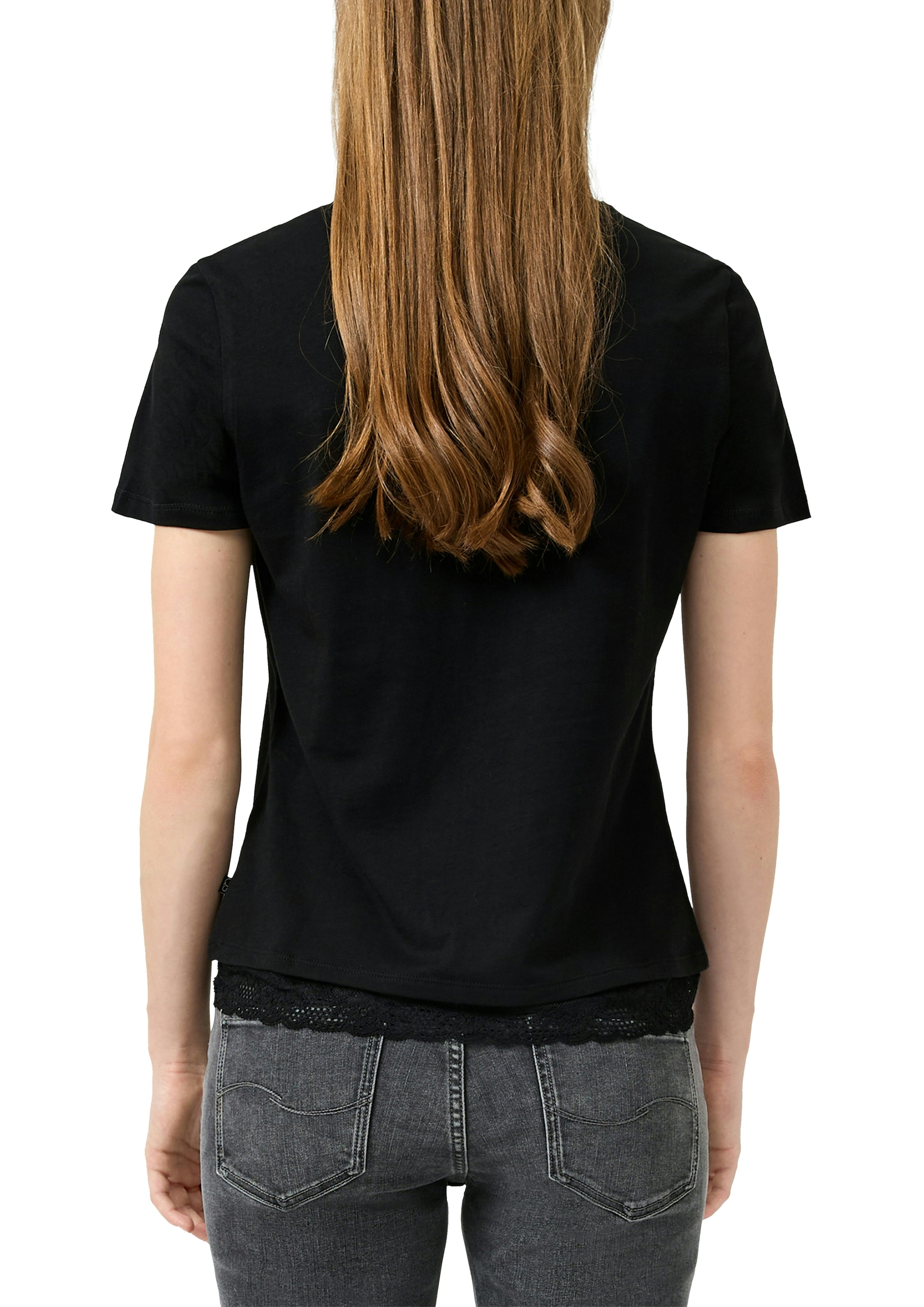 QS Rundhalsshirt mit Letter-Print und Spitze am Saum