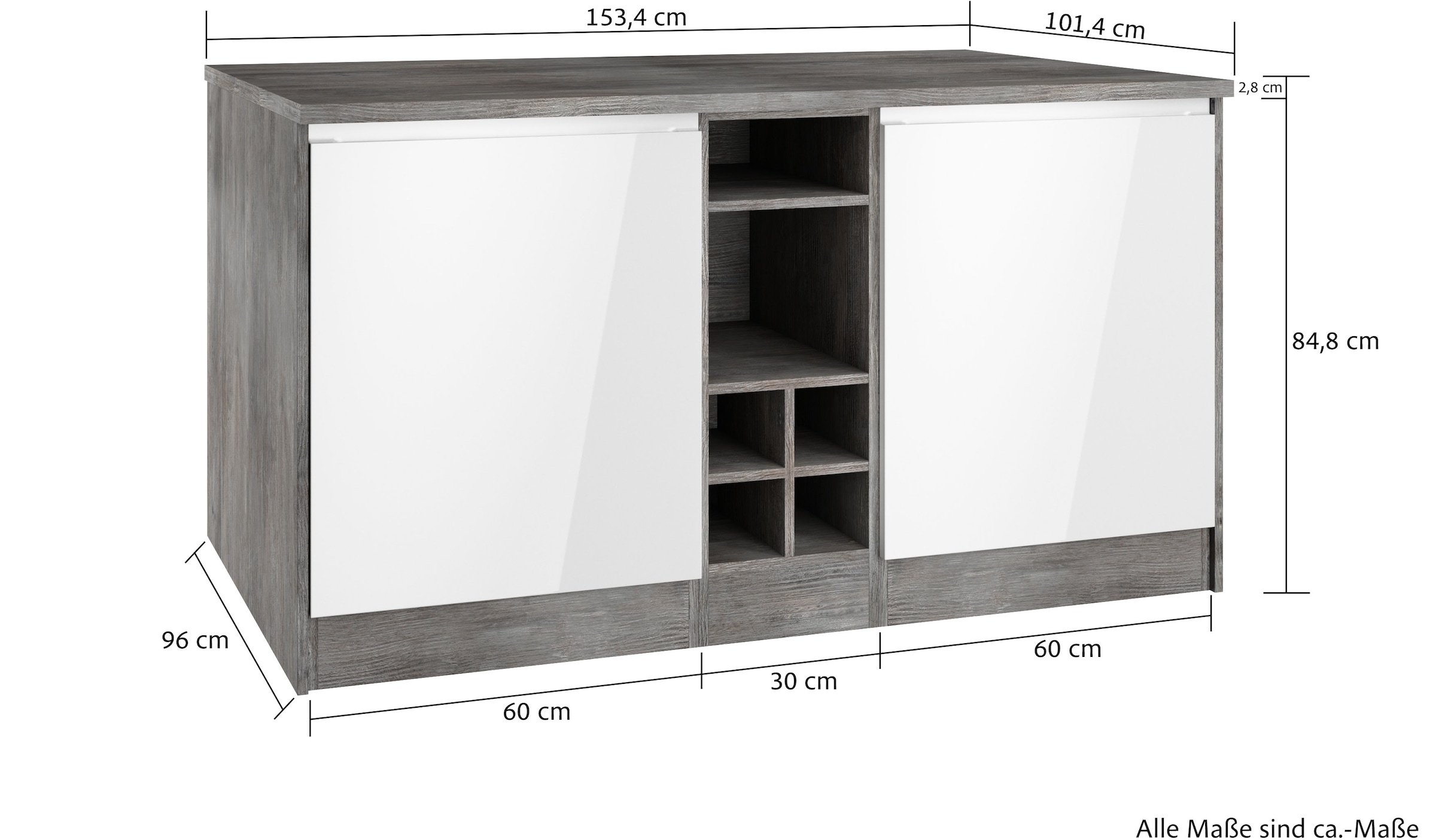 KOCHSTATION Kücheninsel »KS-Virginia«, Breite 153 cm, MDF-Fronten, Flaschenregal