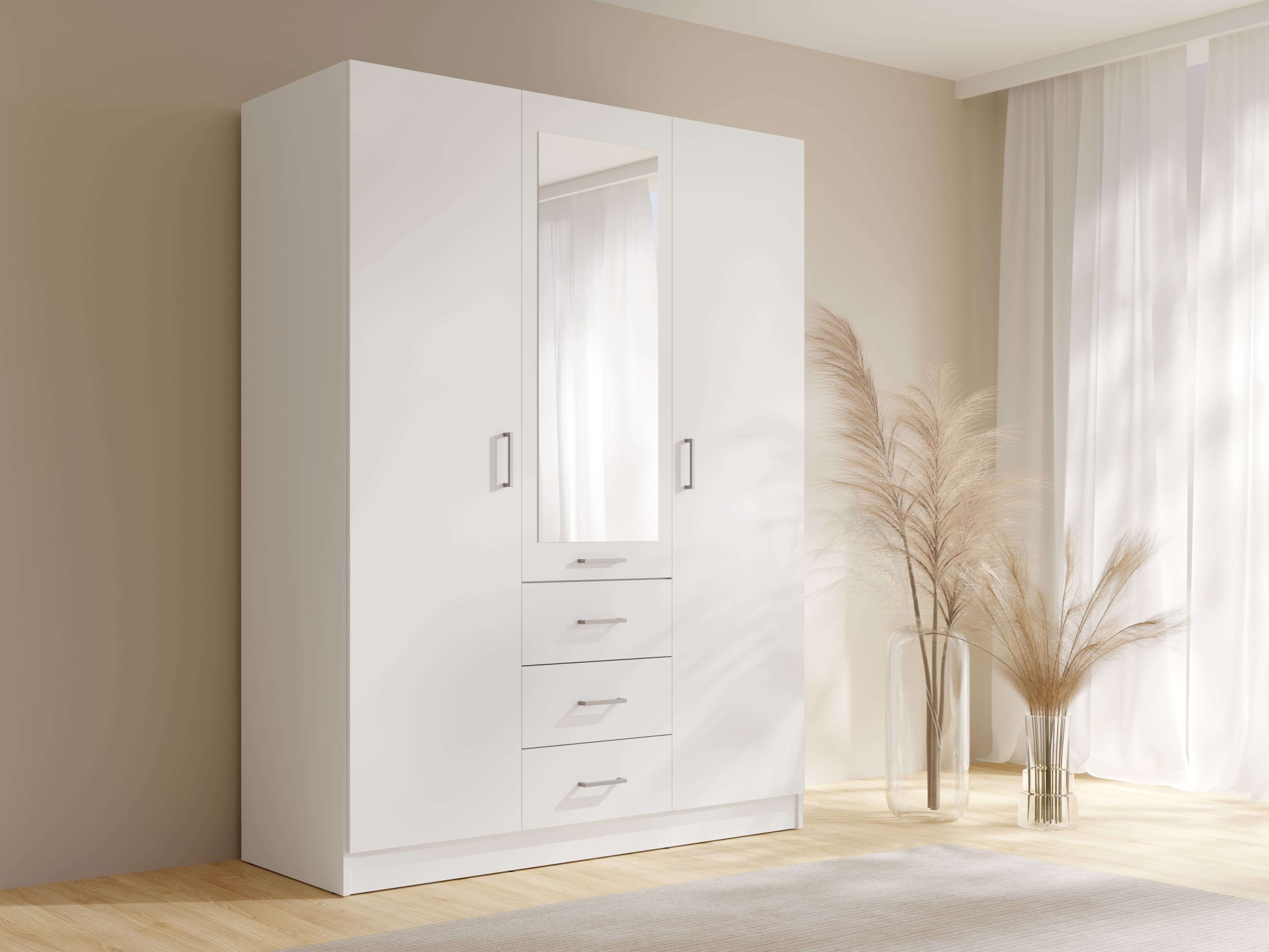 Home affaire Kleiderschrank »KOS Garderobe mit 3 Schubladen, Kleiderstange, 4 Einlegeböden, Spiegel«, Wäscheschrank mit 3 Drehtüren, silber Griffen, Maße B/H/T 150/200/58cm