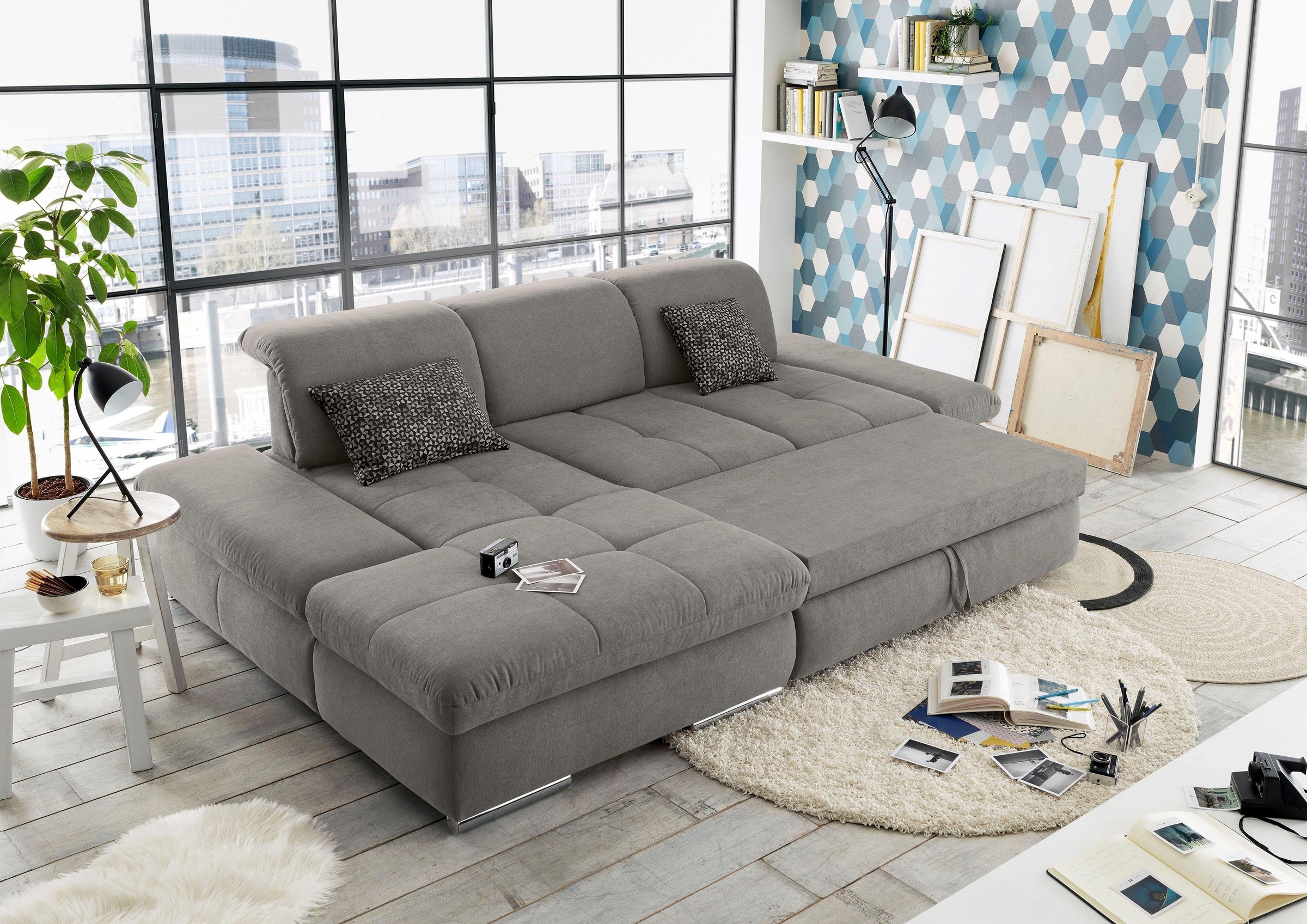 set one by Musterring Ecksofa »SO4100 V«, mit verstellbaren Kopfteilen, wahlweise mit Funktionen, Cord-Bezug