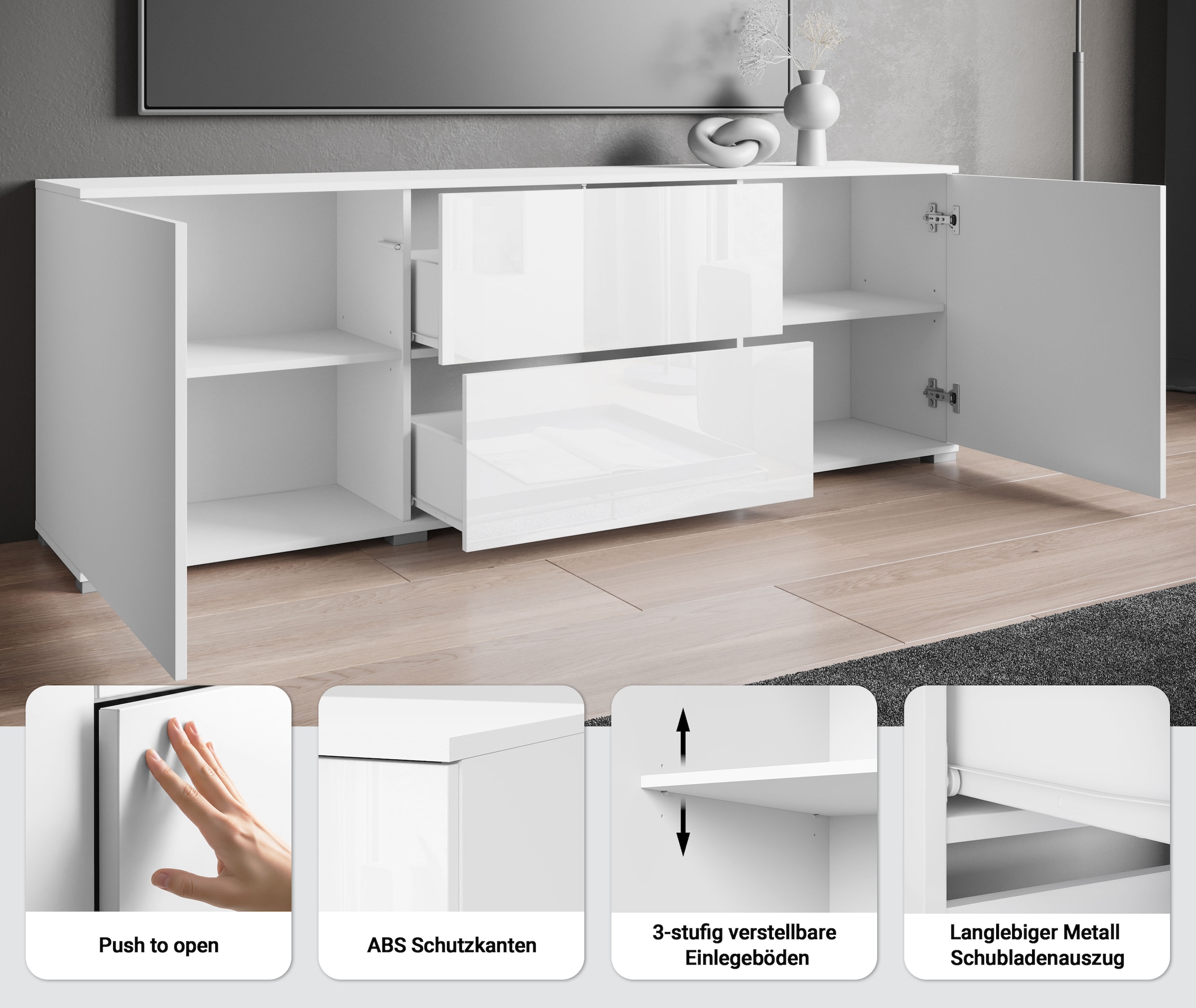 INOSIGN Lowboard »Kenia«, (1 St.), 2 Türen, 2 Schubladen, Breite 180 cm, höhenverstellbare Einlegeböden