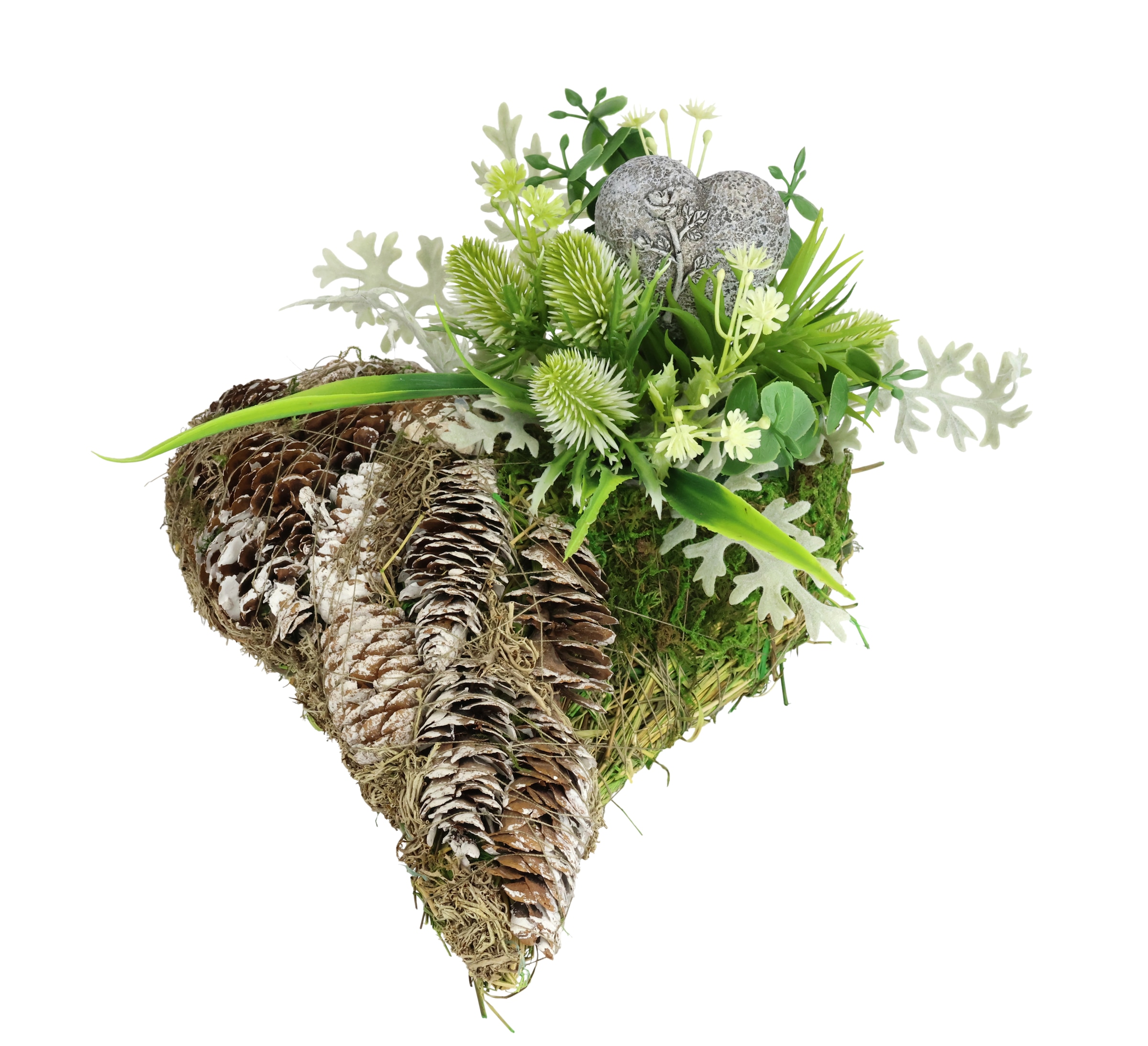 OTTO home Kunstblume »Kunstblumen-Gesteck mit Gedenk-Herz in Herz-Pflanzschale« Dekoratives Herzgesteck mit Tannenzapfen und Kunstgrün in Naturoptik