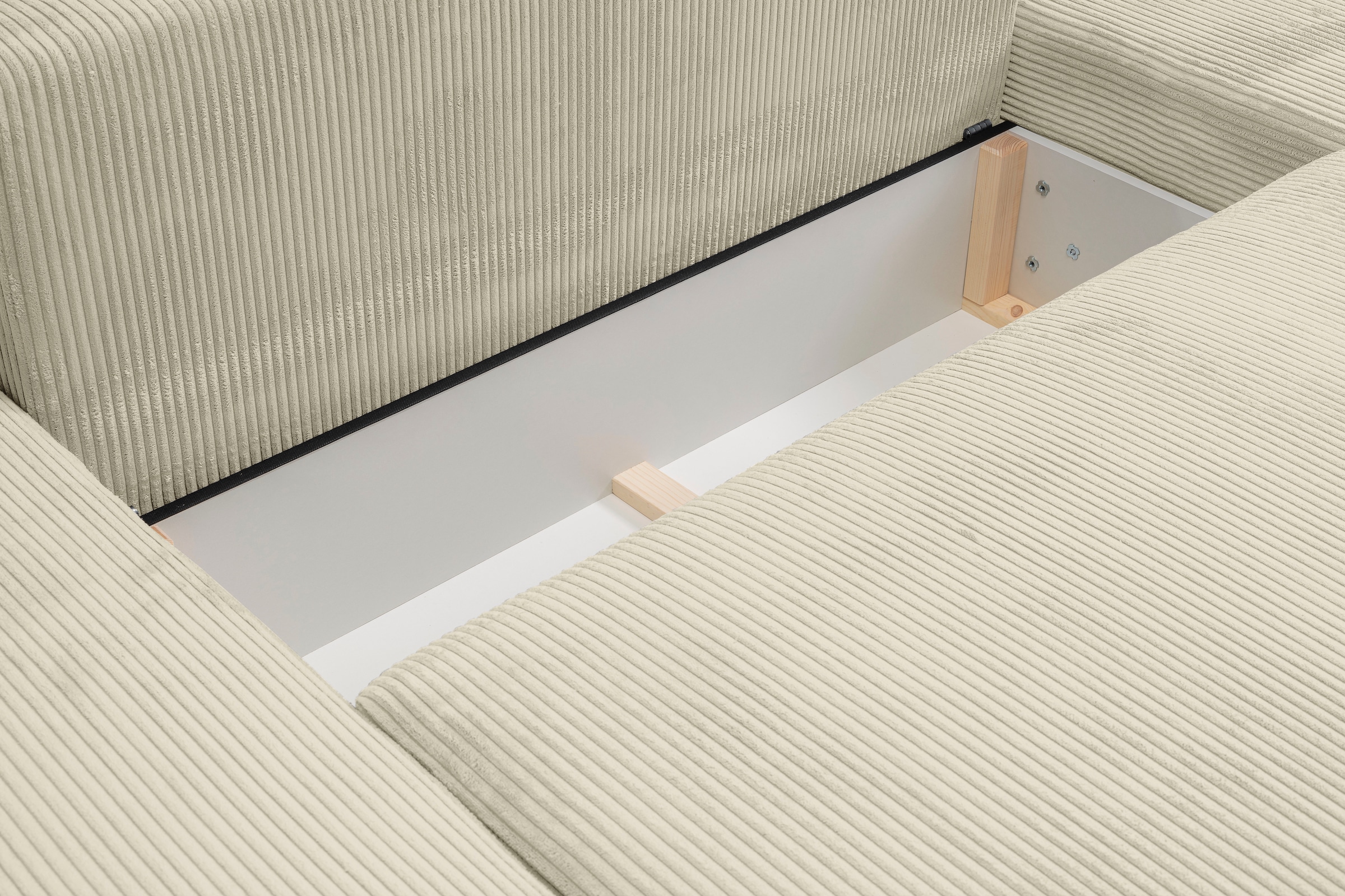 WERK2 Wohnlandschaft »Rotterdam-U, U-Form, in kuschelweichem Cord oder Breitcord« Design Sofa mit Schlaffunktion & Bettkasten, Cord, Natur