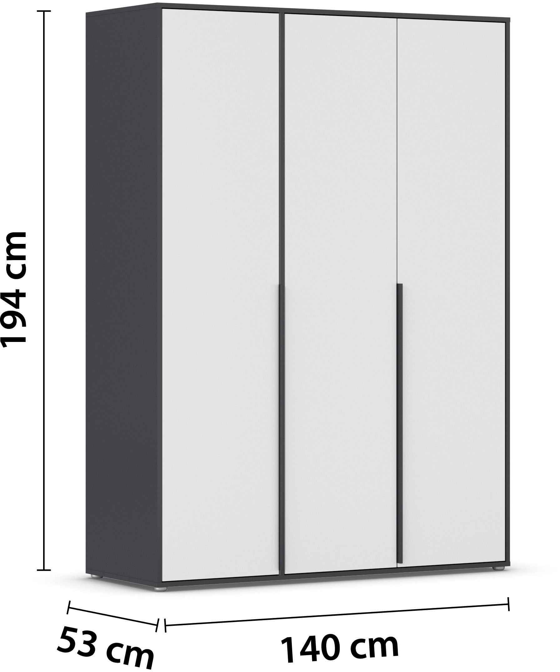 rauch Drehtürenschrank »Kleiderschrank Schrank Garderobe Wäscheschrank NAGATA viel Stauraum«, (in 3 verschiedenen Ausstattungen BASIC/CLASSIC/PREMIUM), mit modernen Stangengriffen in Graumetallic TOPSELLER MADE IN GERMANY