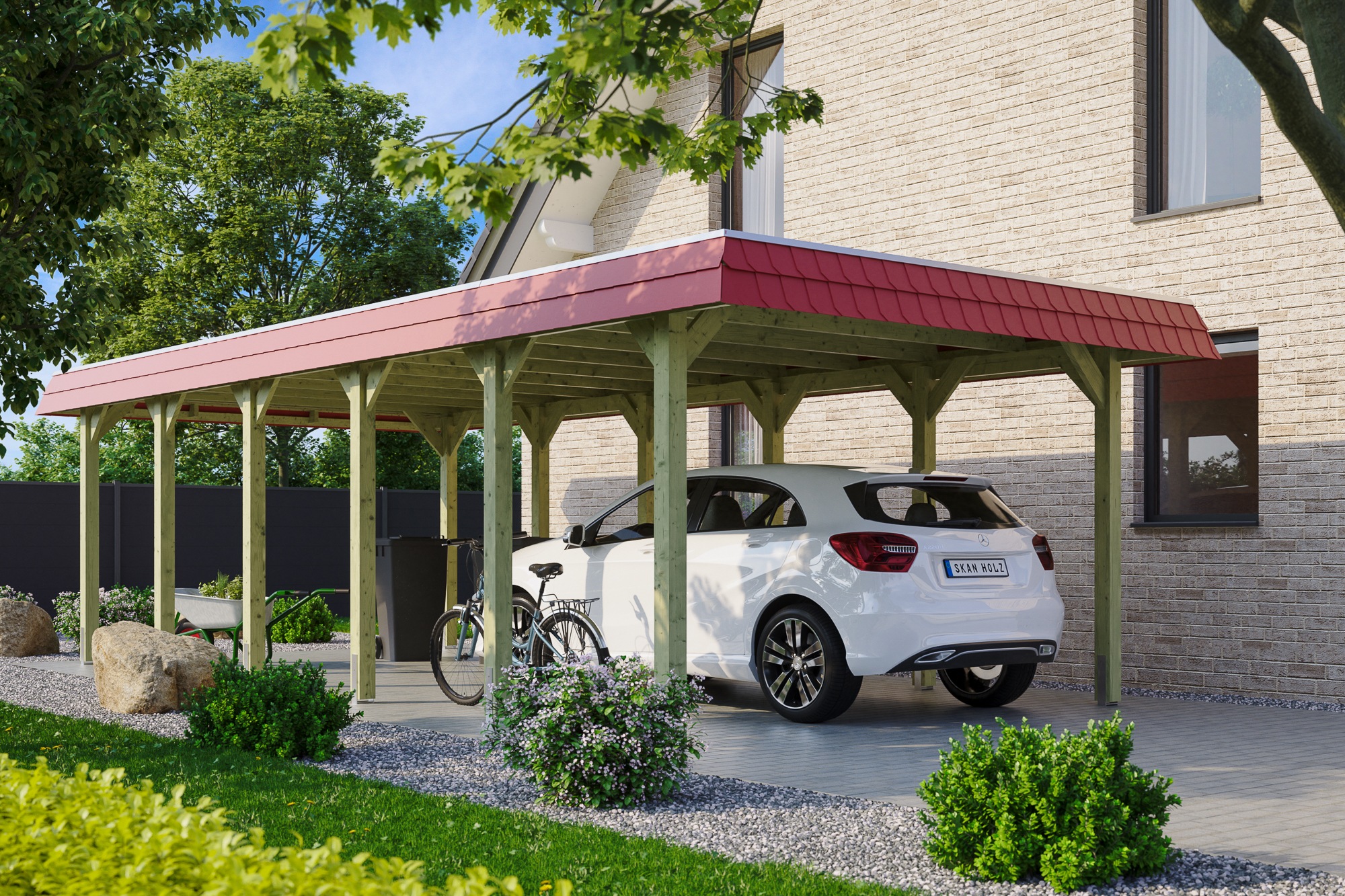 Skanholz Einzelcarport »Spreewald«, 342 cm, Grün, mit Aluminiumdach, rote Blende