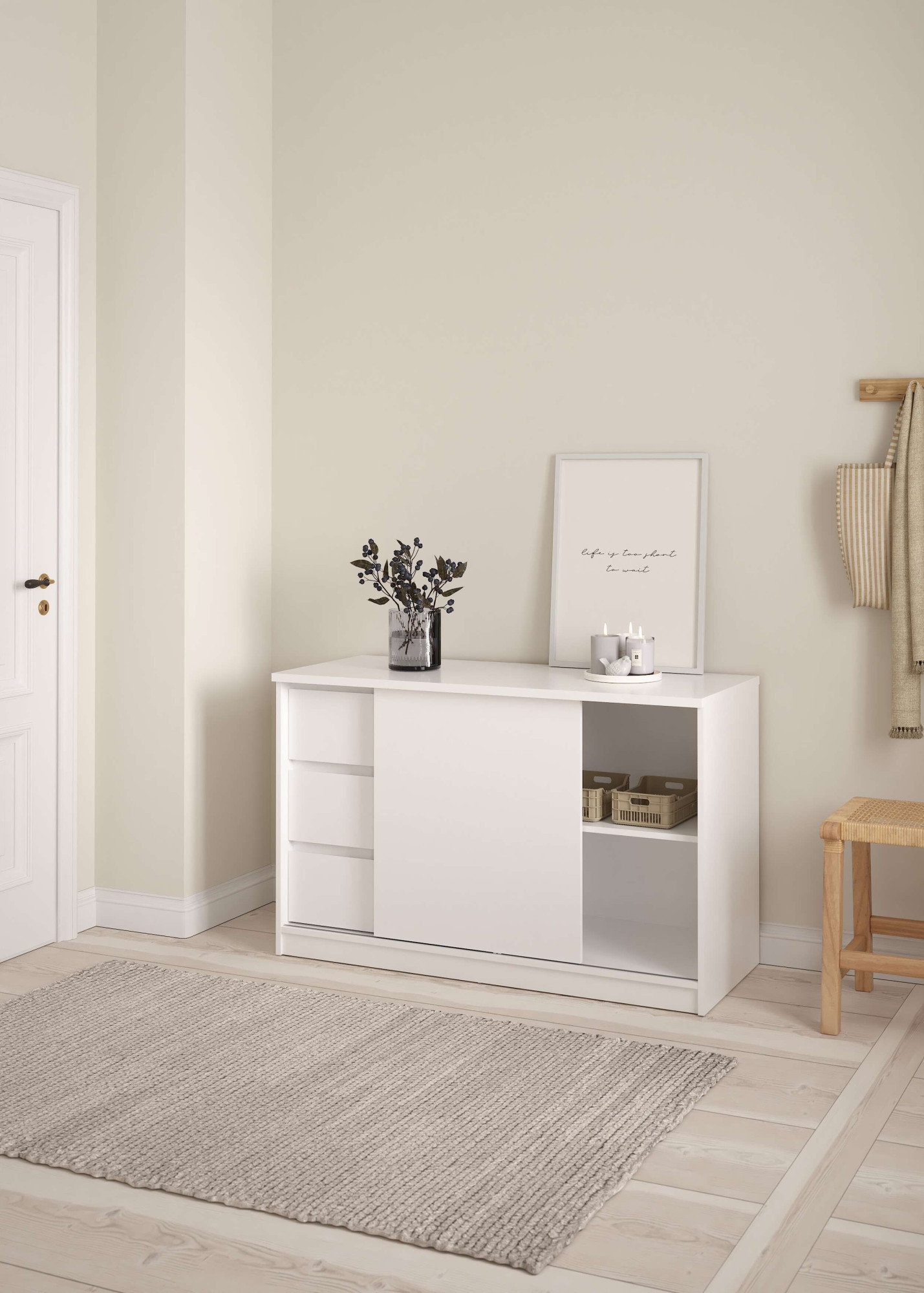 INOSIGN Sideboard »Naia Aufbewahrung, Schuhkommode, Stauraumkommode, Schuhschrank,«, Kommode mit 1 Schiebetür und 3 Schubladen, Breite 119 cm, Höhe 76 cm