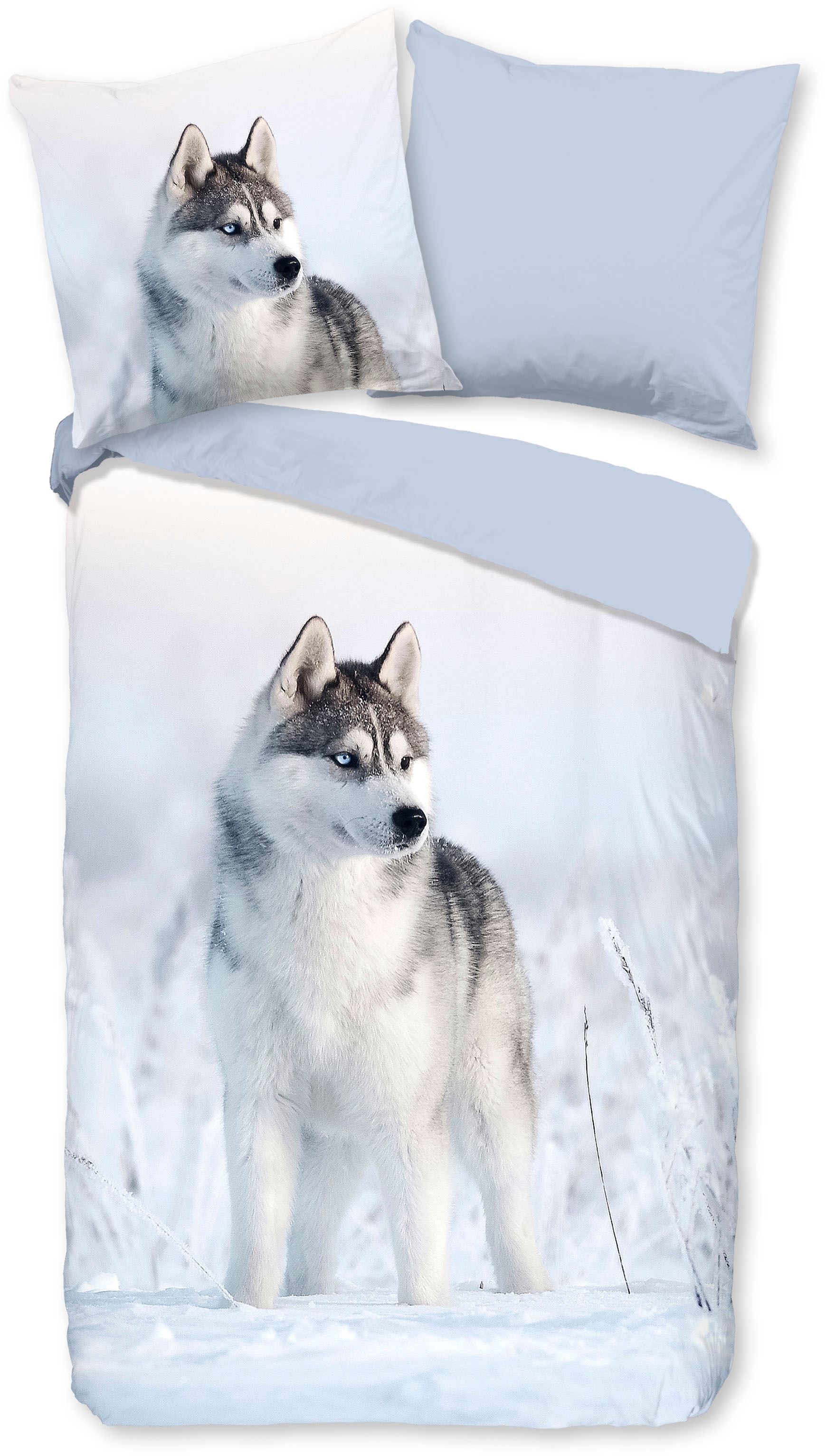 good morning Wendebettwäsche »Sachar«, Baumwolle, 135x200, Reißverschluss, Wendeoptik, Winter, Husky, Blau