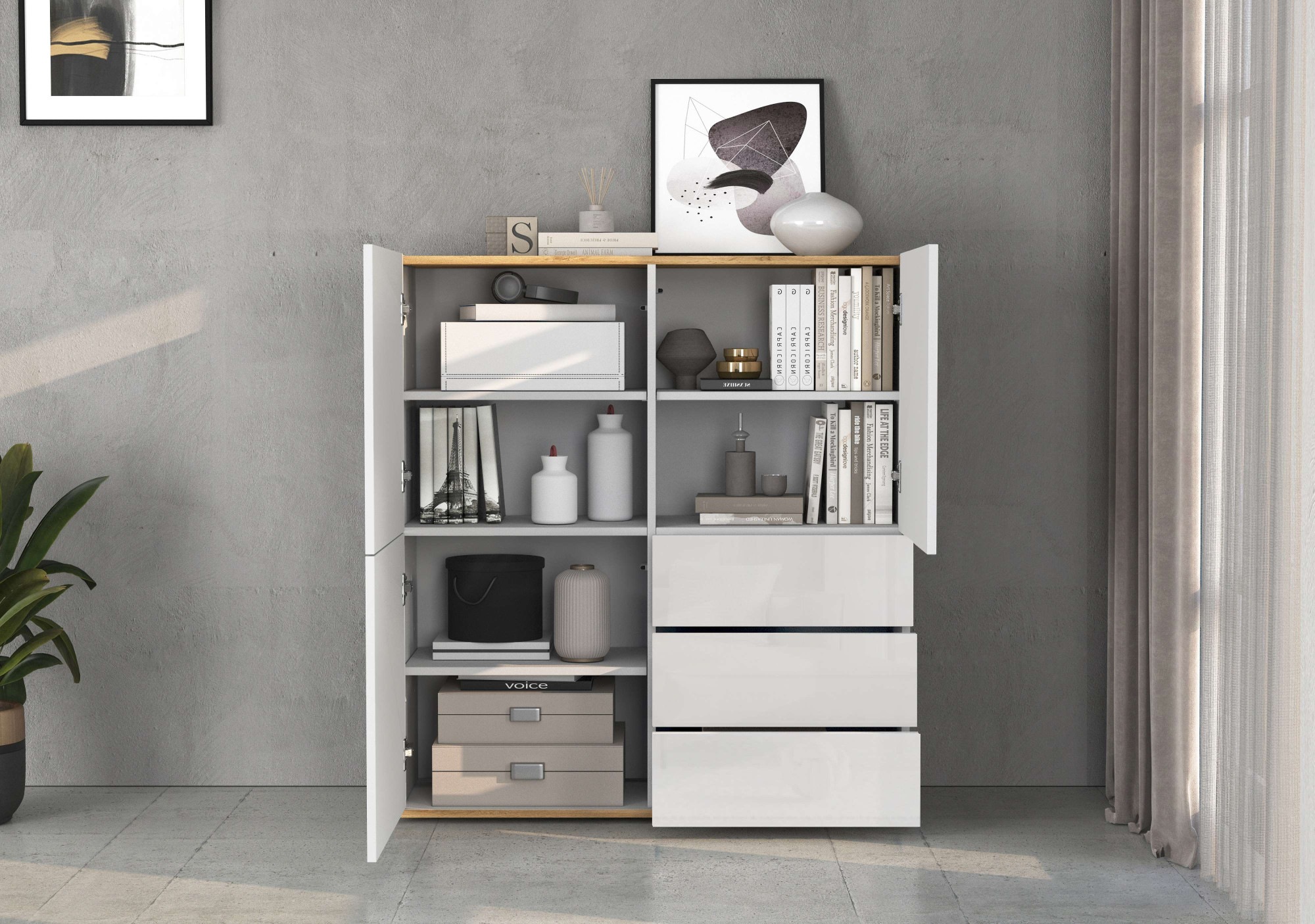 INOSIGN Highboard »GARDA Highboard, Kommode, Schrank, Grifflos mit Push to Open«, (1 St.), 3 Türen, 3 Schubladen, grifflos Breite 102 cm