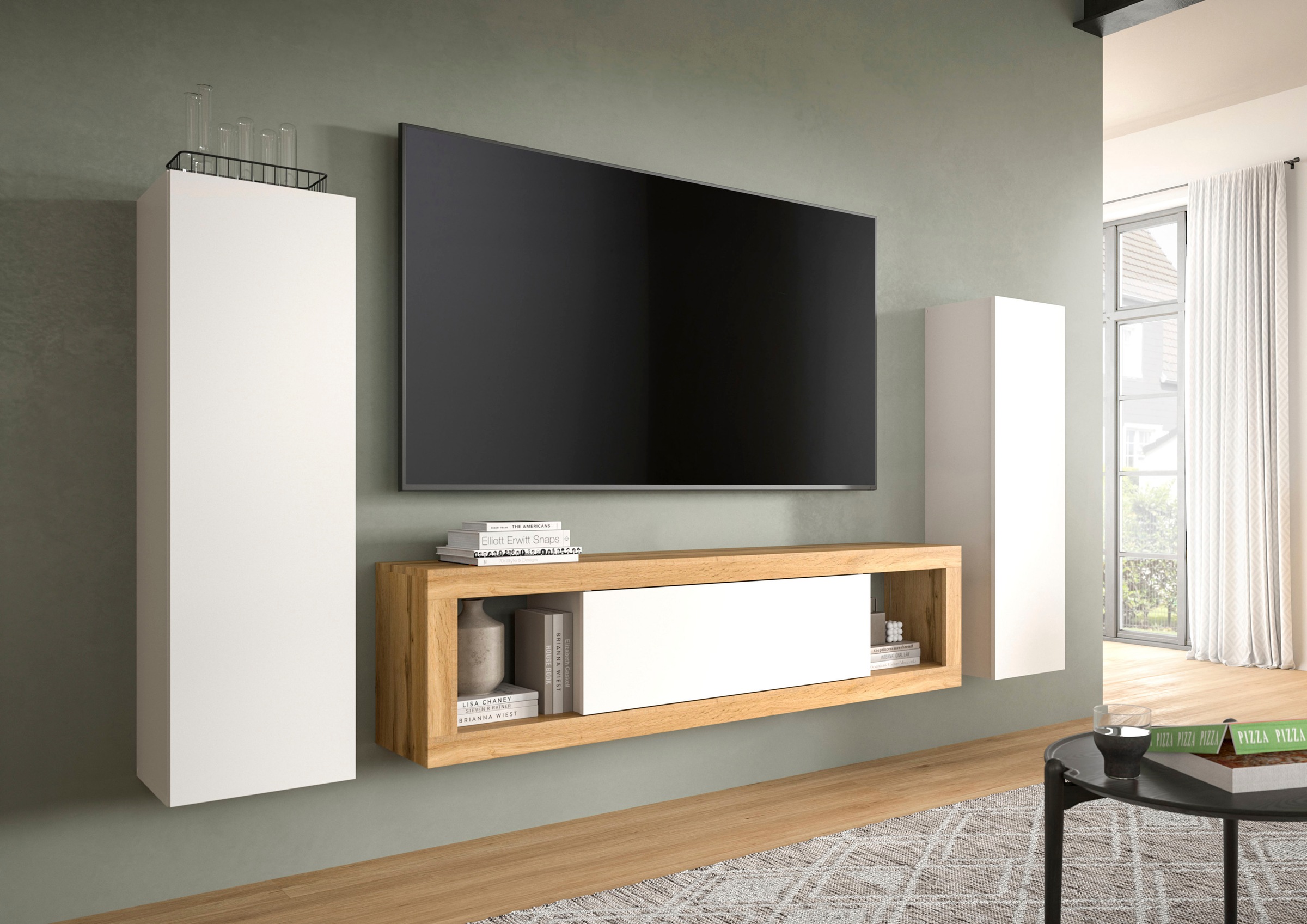 INOSIGN Wohnwand »Trinity,Breite 240 cm, 1 Lowboard (stehend und hängend montierbar),«, (3 St.), 2 Hängeschränke, Wohnwand, Wohnkombination, Mediawand