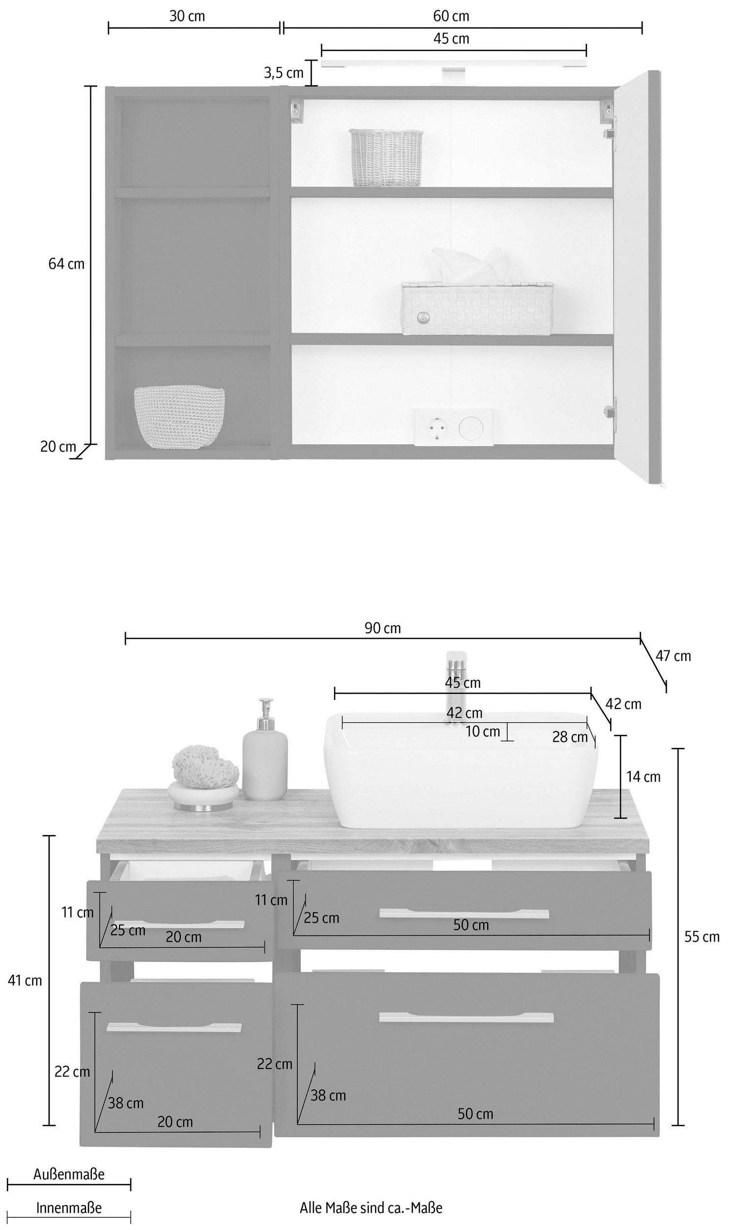 welltime Badmöbel-Set »Davos«, (3 St.), Breite 50 cm, mit eckigem Waschbecken