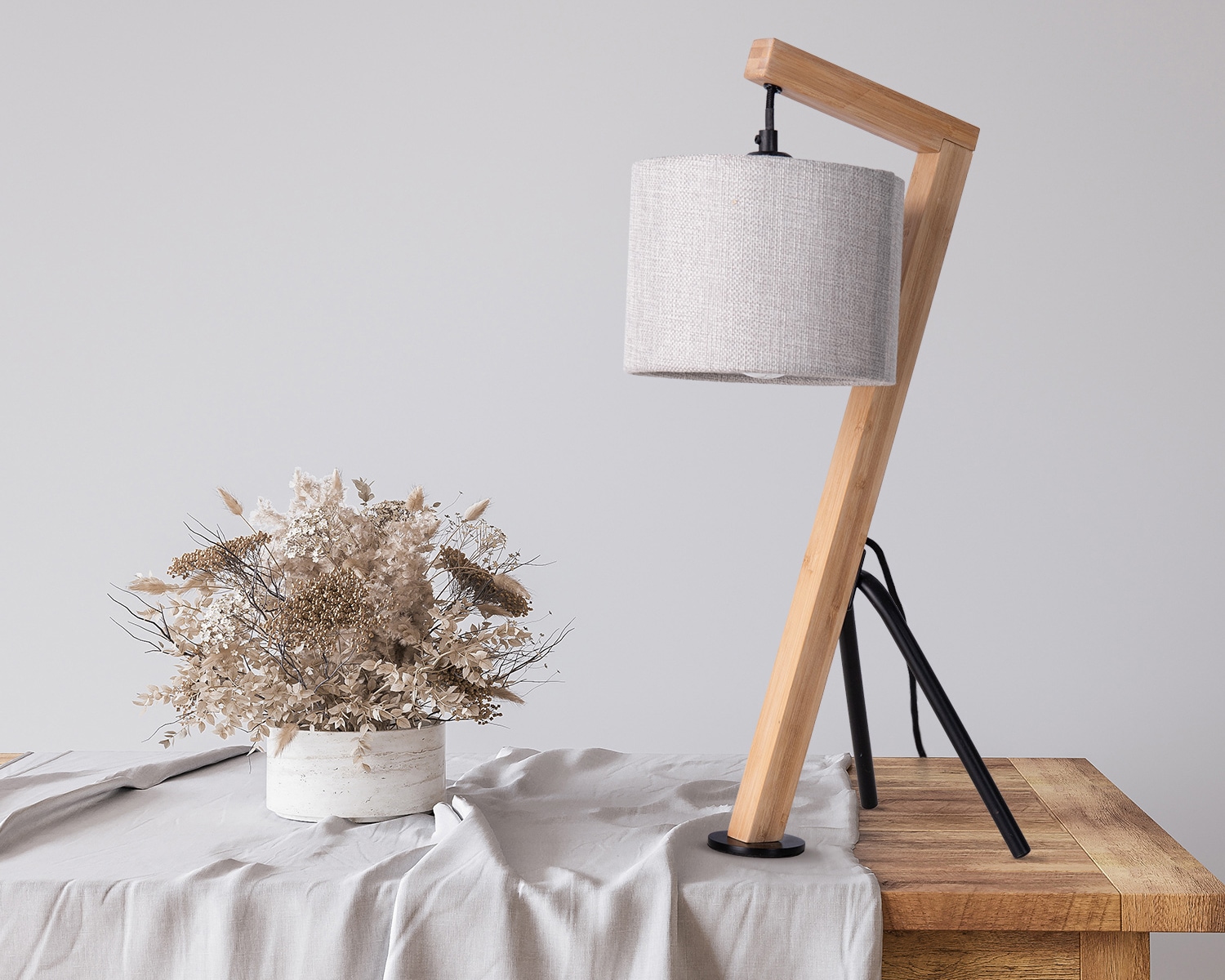 Paco Home Tischleuchte »GALLOW« E27 Schreib Holz Dreibein Vintage E27 Galgen Modern Höhe 49cm