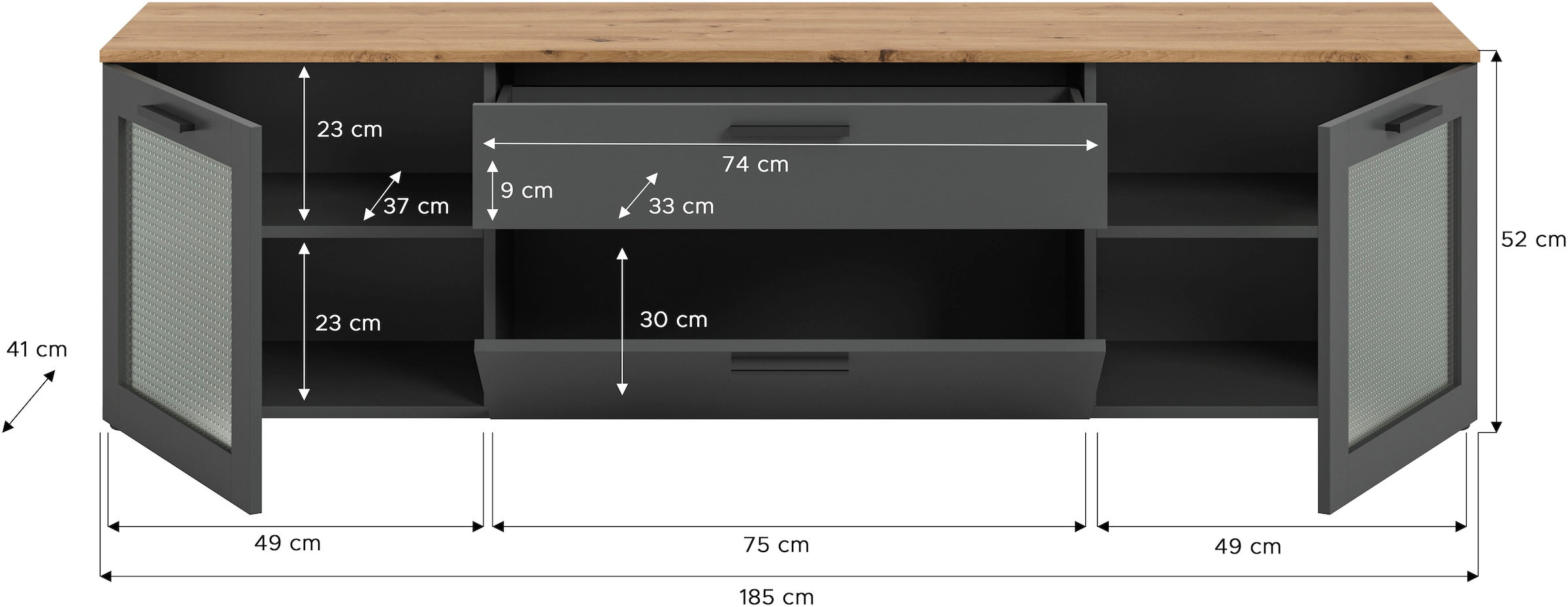 INOSIGN Lowboard »SALKIN, Breite 185 cm, 2 Türen mit ESG-Ornamentglas, 1 Schubkasten«, TV-Möbel, TV-Schrank, TV-Lowboard, Mediaboard, Vitrine, Vitrinenboard