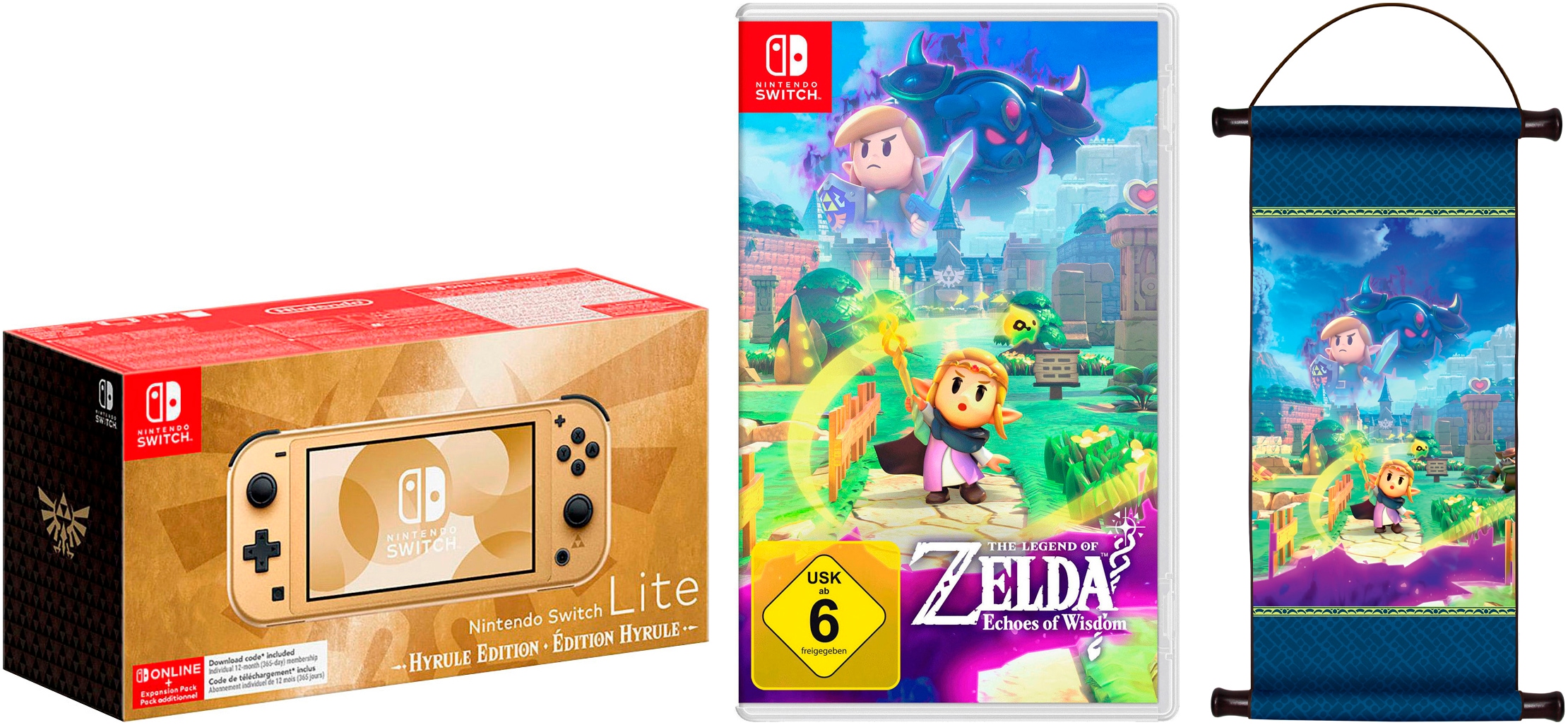 NINTENDO SWITCH Konsolen-Set »Lite – Hyrule-Edition + Zelda: Echoes of Wisdom + Zelda-Schriftrolle« 32 GB goldfarben