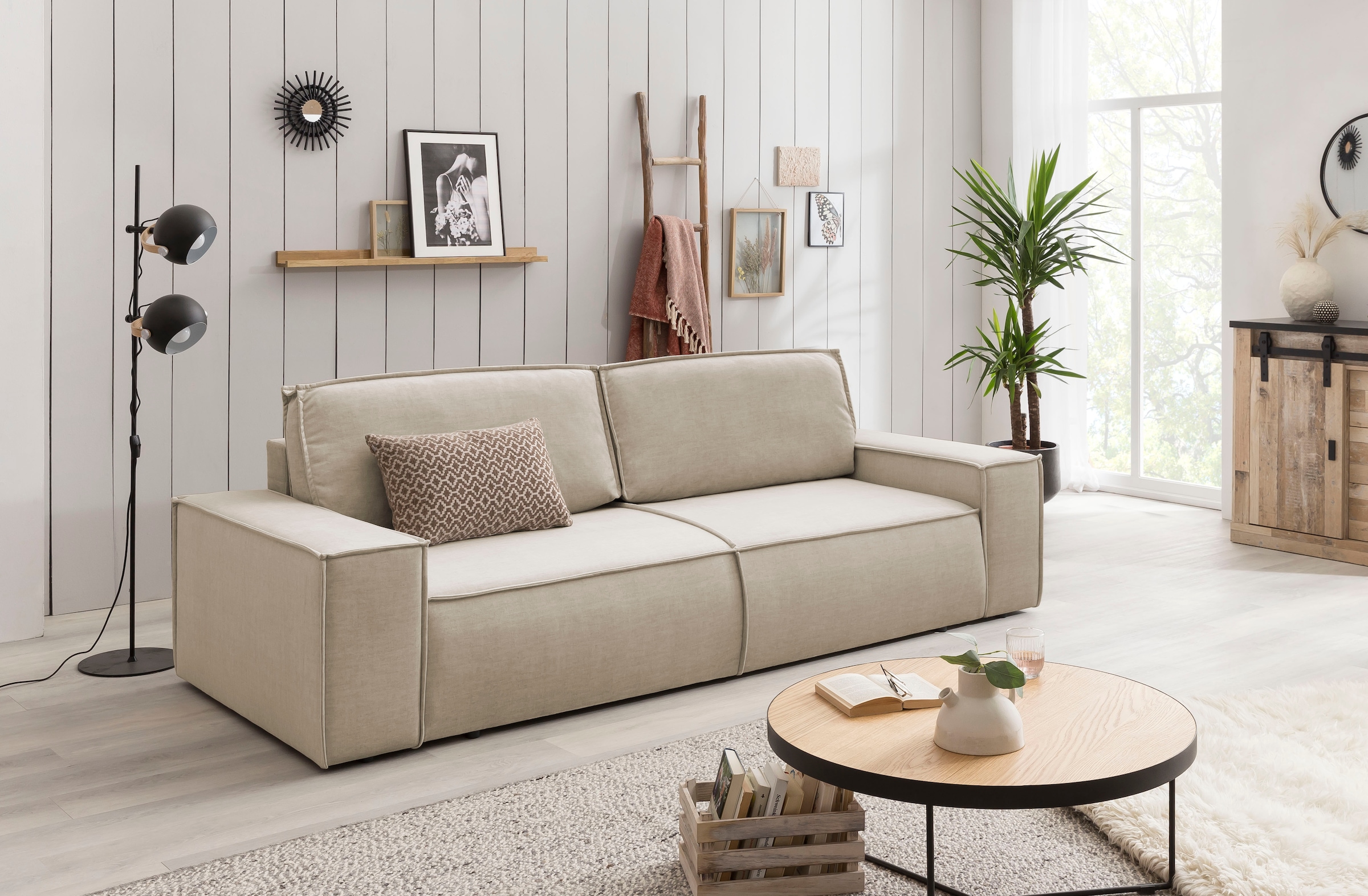 Home affaire 3-Sitzer »SHERWOOD Schlafsofa (257cm) Cord, Samtvelours, Vintage-Lederoptik«, Schlaffunktion mit Bettkasten (ca. 136/200cm)