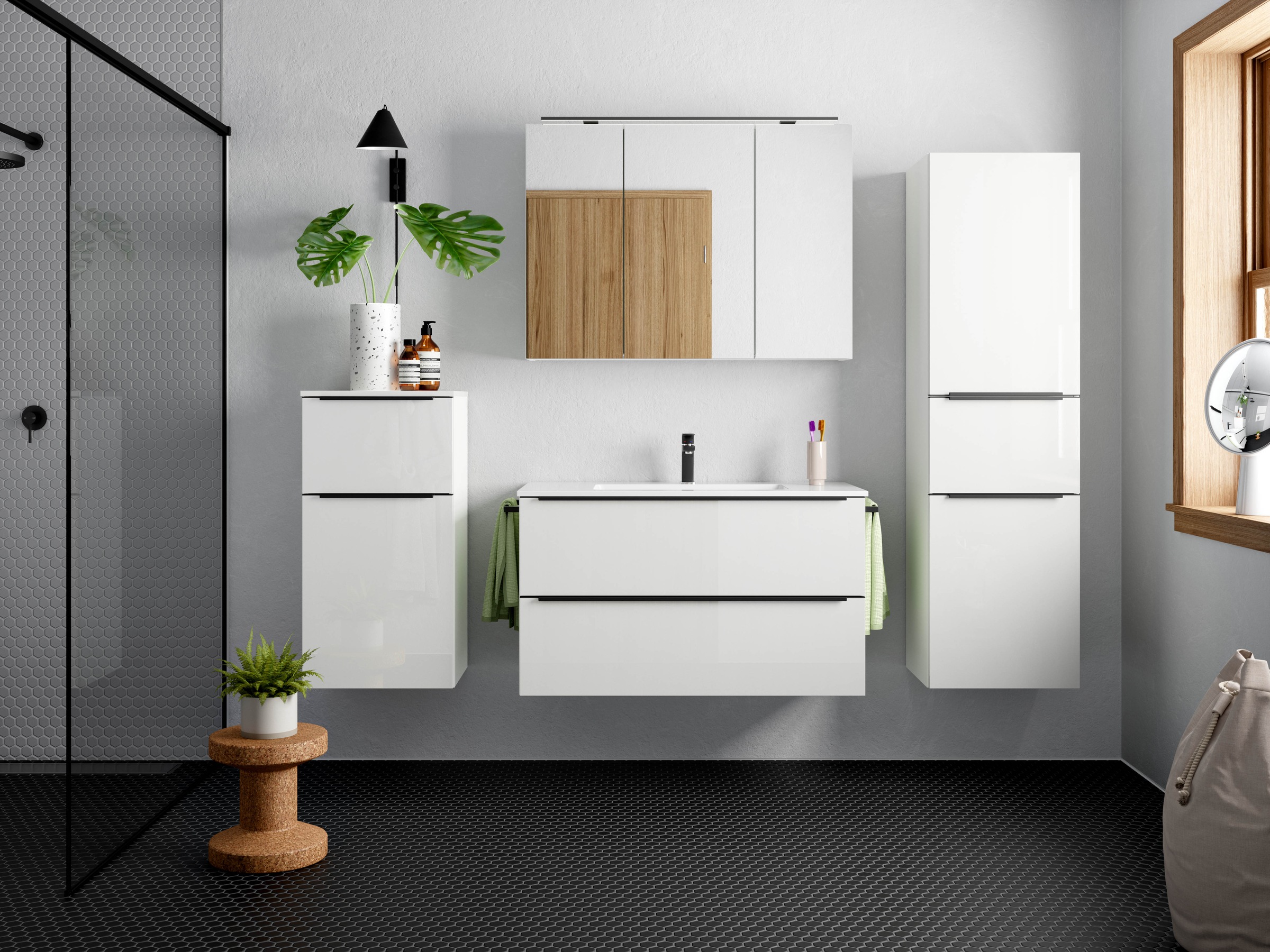 nobilia® Badmöbel-Set »Levere«, (2 St., vormontiert, mit Soft-Close), inkl. Spiegelschrank mit Beleuchtung und Dimmerfunktion, in 4 Breiten