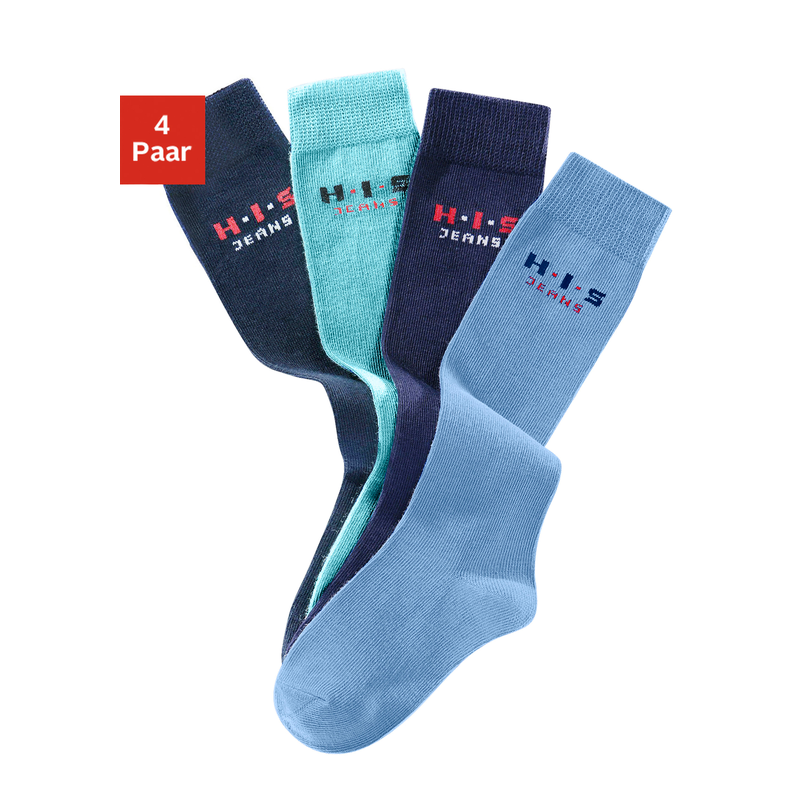 H.I.S Kniestrümpfe Packung, 4 Paar tlg. mit verstärkten Belastungszonen hellblau, marine, blau, dunkelblau 23-26 23-26 Basic Kniestrümpfe für Groß...