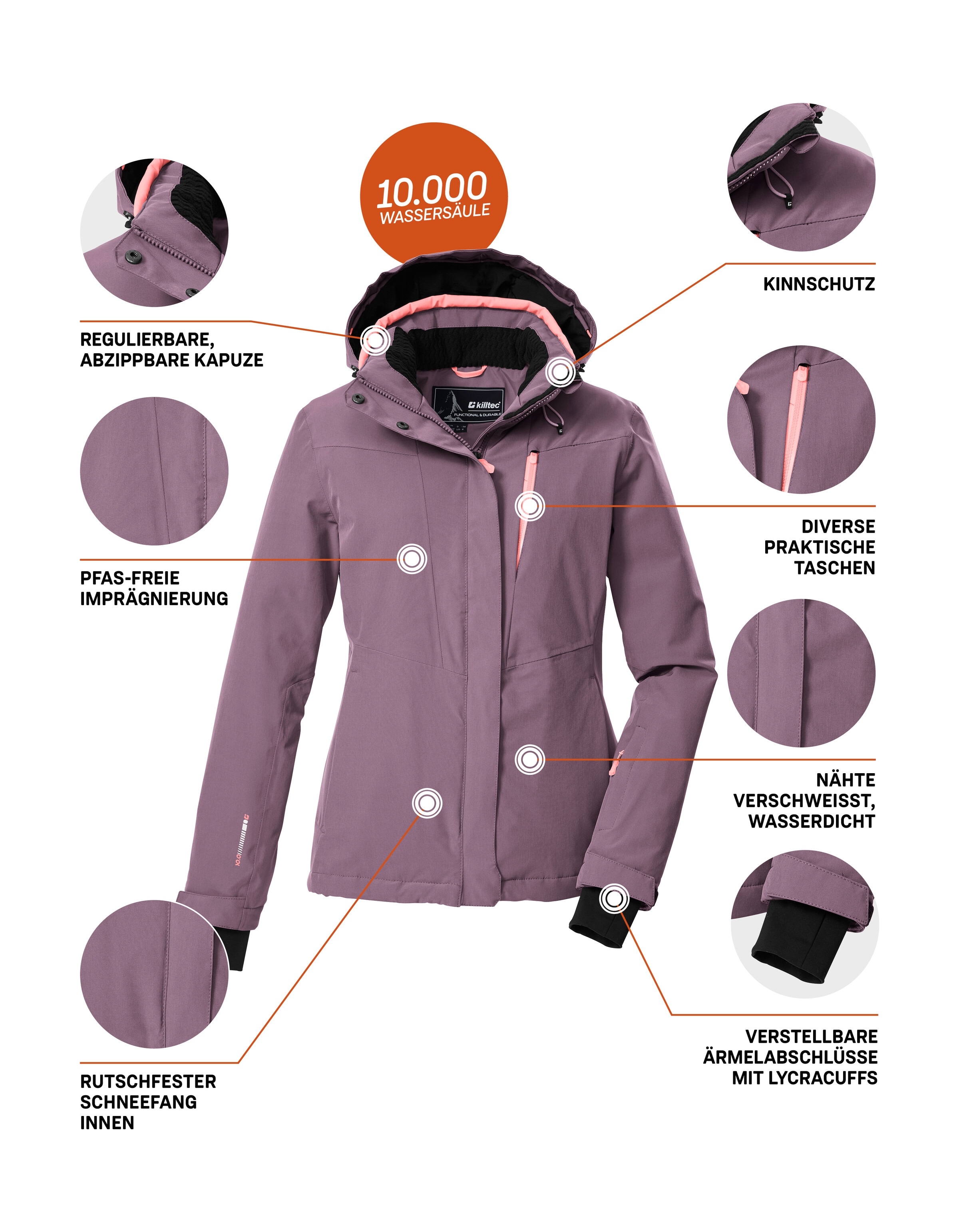 Killtec Skijacke »KSW 25 WMN SKI JCKT« Atmungsaktive, wasserdichte Skijacke mit abnehmbarer Kapuze