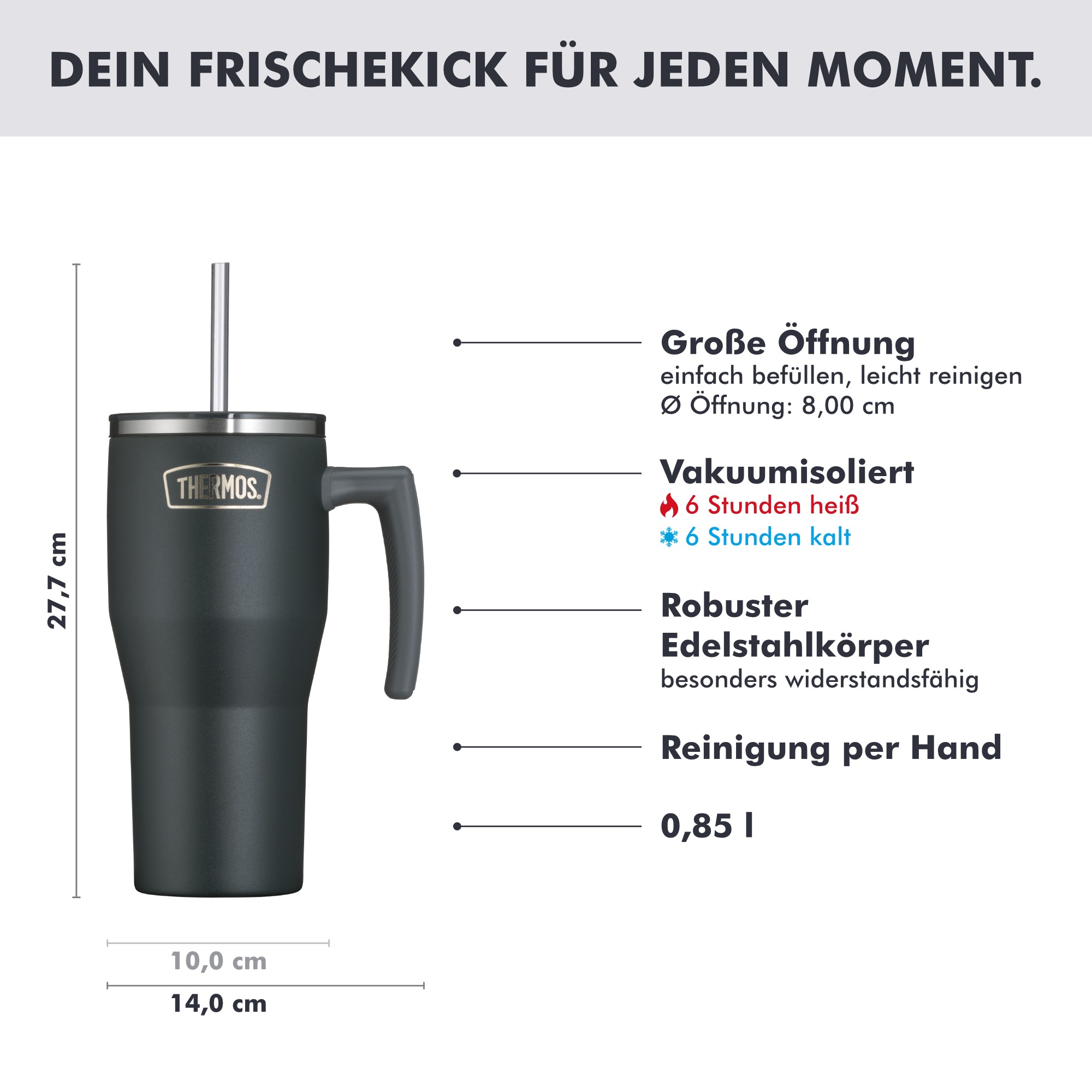 THERMOS Thermobecher »REFRESHING SERIES ISOLIERTRINKBECHER mit Strohhalm« 0,85l, 6h heiß & 6h kalt, mit Griff