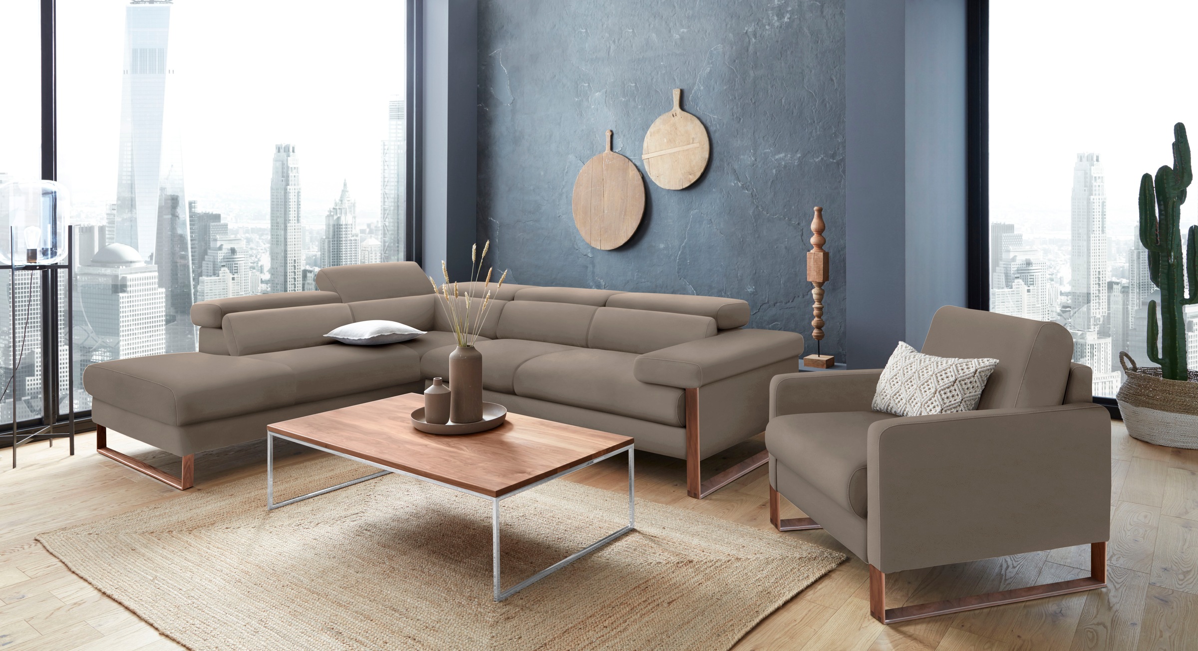 W.SCHILLIG Ecksofa »finn, Designsofa mit tollem Sitzkomfort, bequem, L-Form«, German Design Award 2016, Fußgestell Nussbaum natur, Breite 281 cm