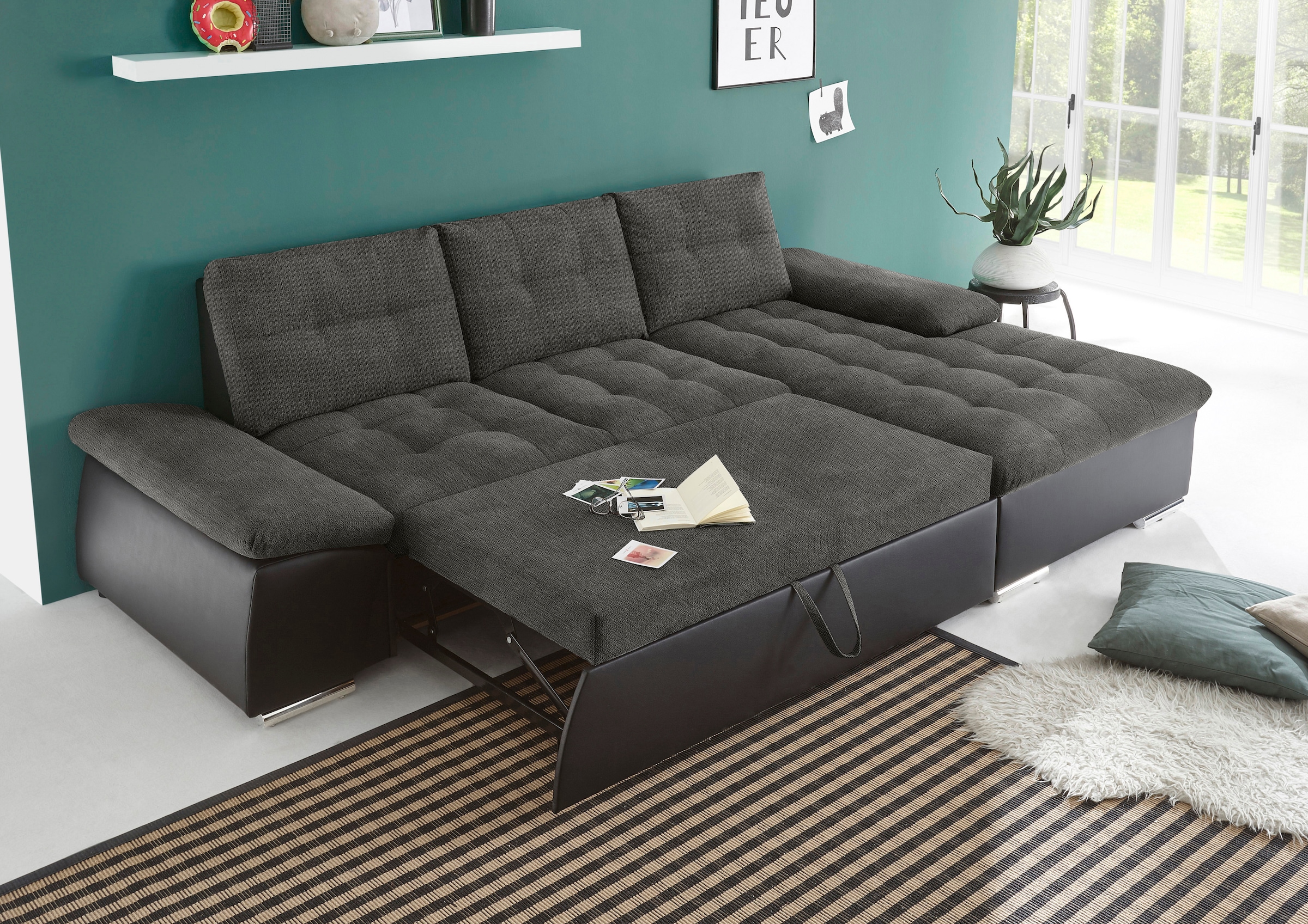 ED EXCITING DESIGN Ecksofa »Jakarta L-Form«, mit Bettfunktion, Armteilverstellung, Kopfstützen & 2 Nierenkissen