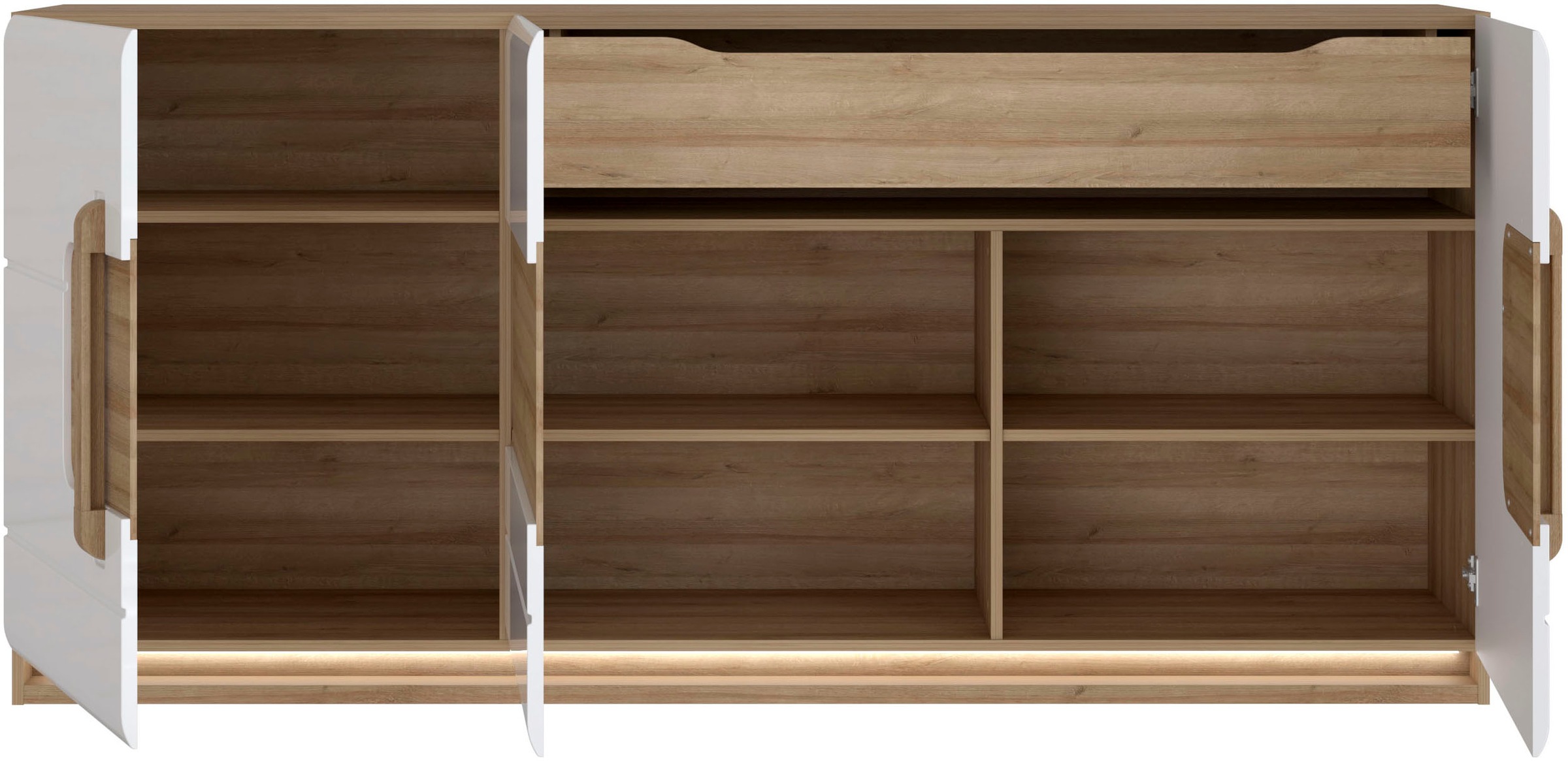 FORTE Sideboard »Attention«, (3 Türen, 7 Fächer und integrierter Schubkasten), Sideboard, Beleuchtung, Soft Close, Stauraum, Breite 194,6cm