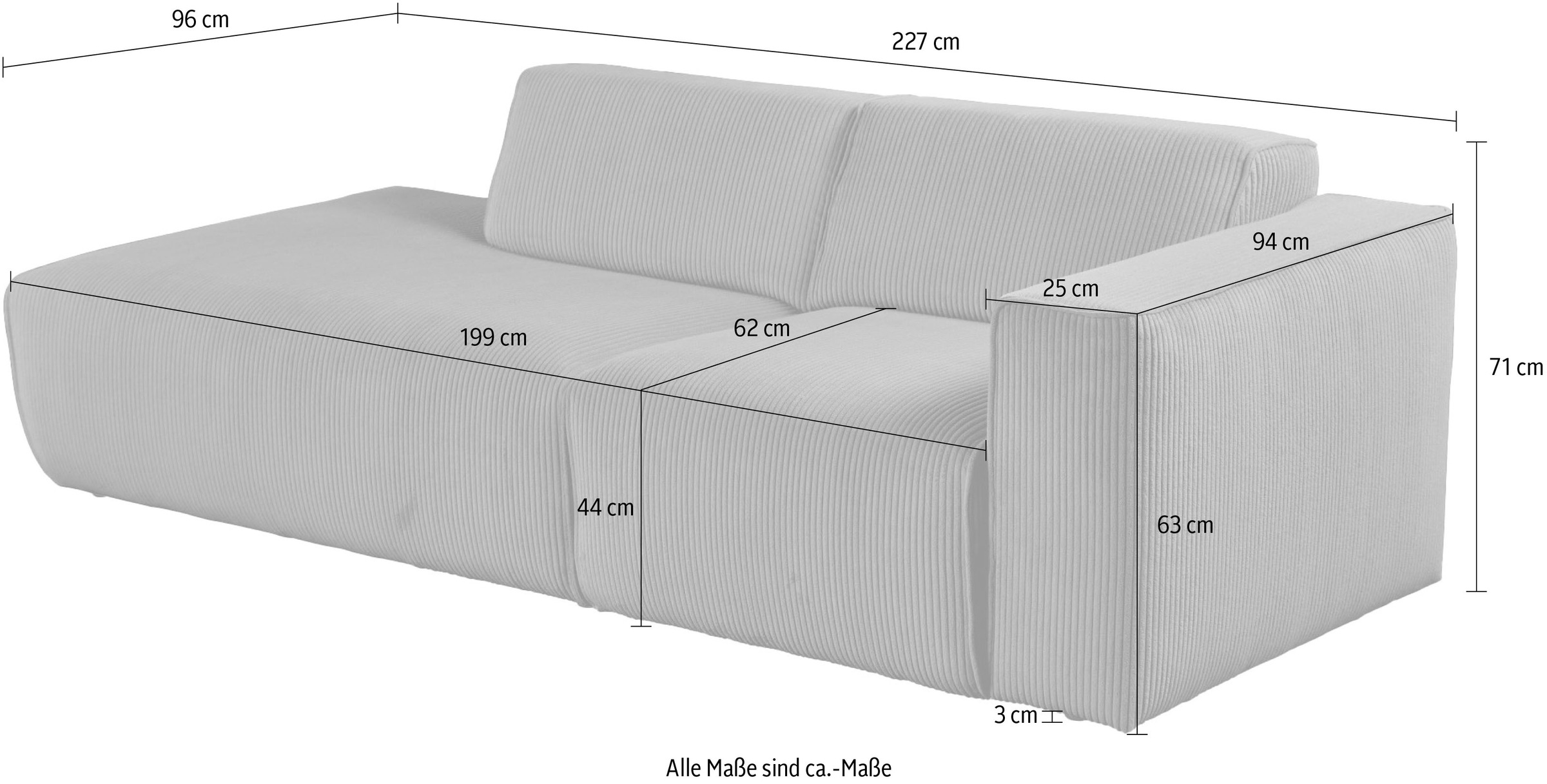 andas 2-Sitzer »Noord mit Kedernaht, Breite 227 cm«, Cord, Struktur, Webstoff, mit Wellenunterfederung, Massivholzrahmen