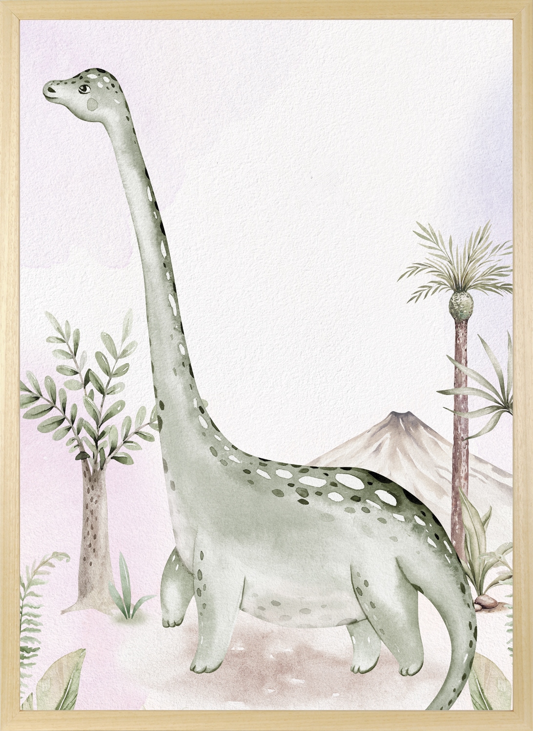 queence Bild mit Rahmen »Dino und Vulkan«, Baum-Baumbilder-Bäume-Dinosaurier-Landschaft-Tiere, (1 St.), HD Premium Posterdruck mit Echtholzrahmen