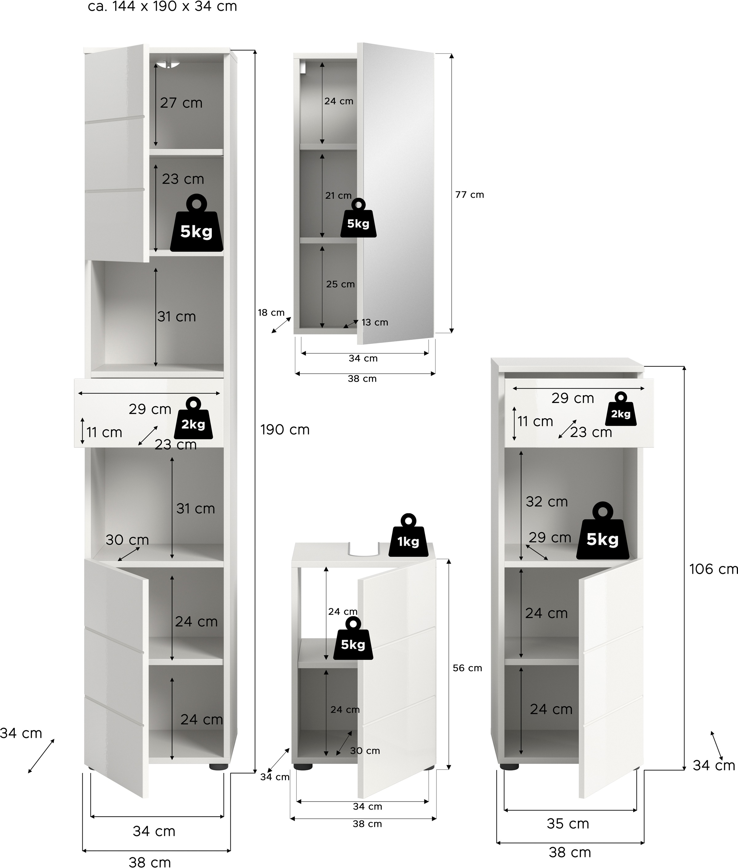 welltime Badmöbel-Set »Biel, Höhe 190 cm, Hochschrank, Unterschrank, Spiegel, Standschrank«, (4 St.), Bad Set, modernes Design, Hochschrank, Unterschrank, Spiegel