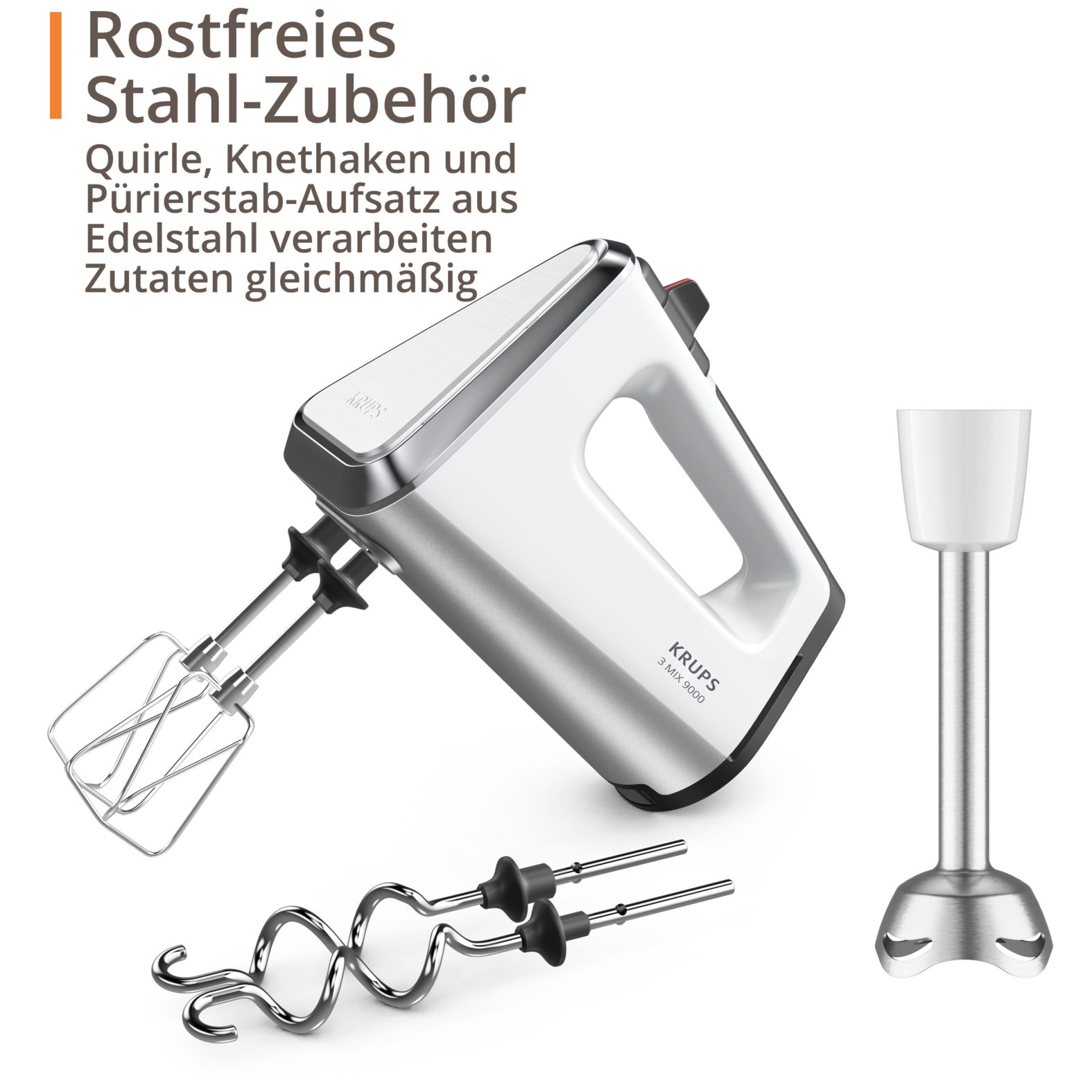 Krups Handmixer »3, Mix 9000« 750 W inkl. Schneebesen, Knethaken, Pürierstab-Aufsatz, Messbecher, GN9121