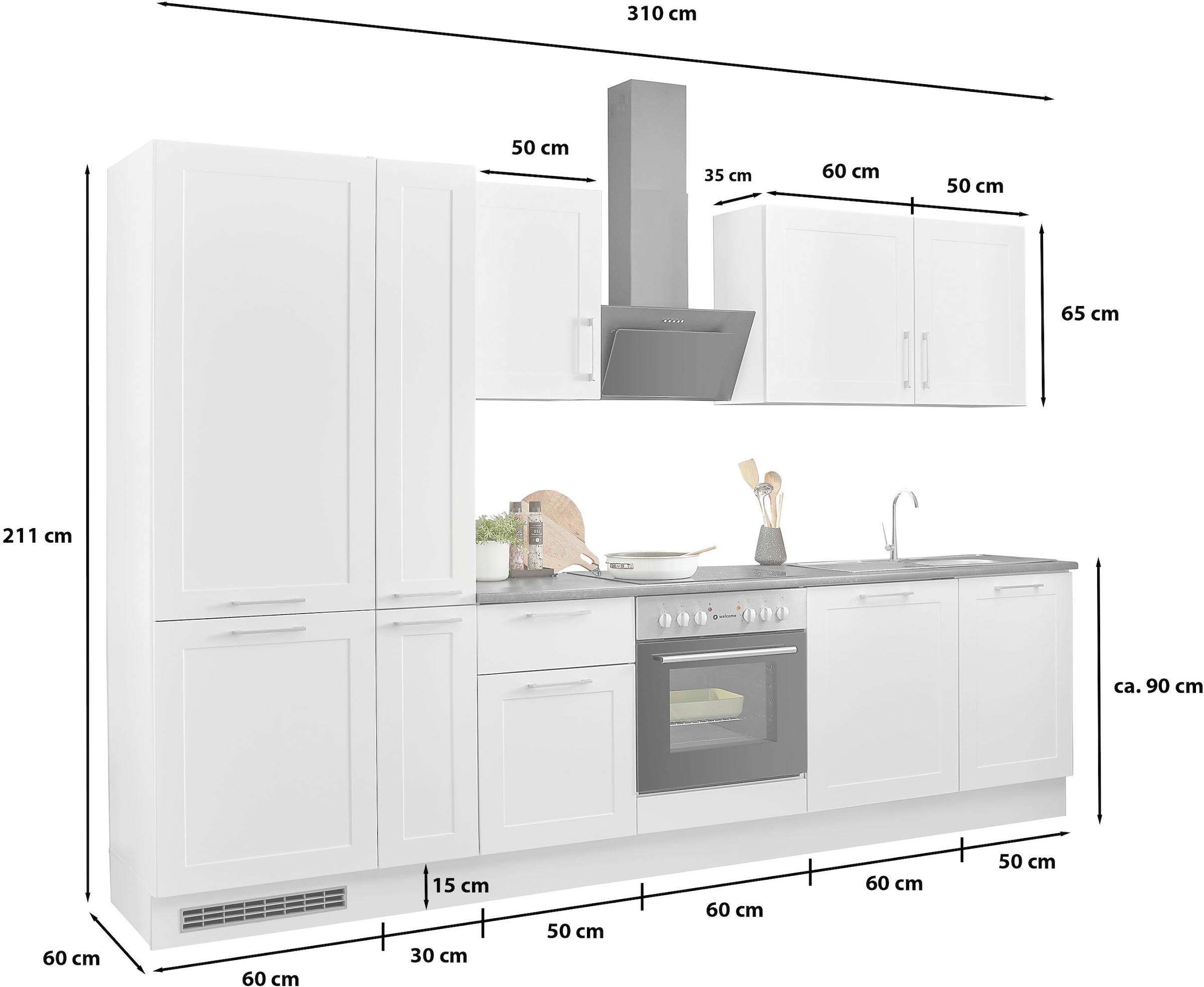 BASIC by Balculina Küchenzeile »Marsi«, Breite 310 cm, wahlweise mit E-Geräten, mit Soft-Close-Funktion