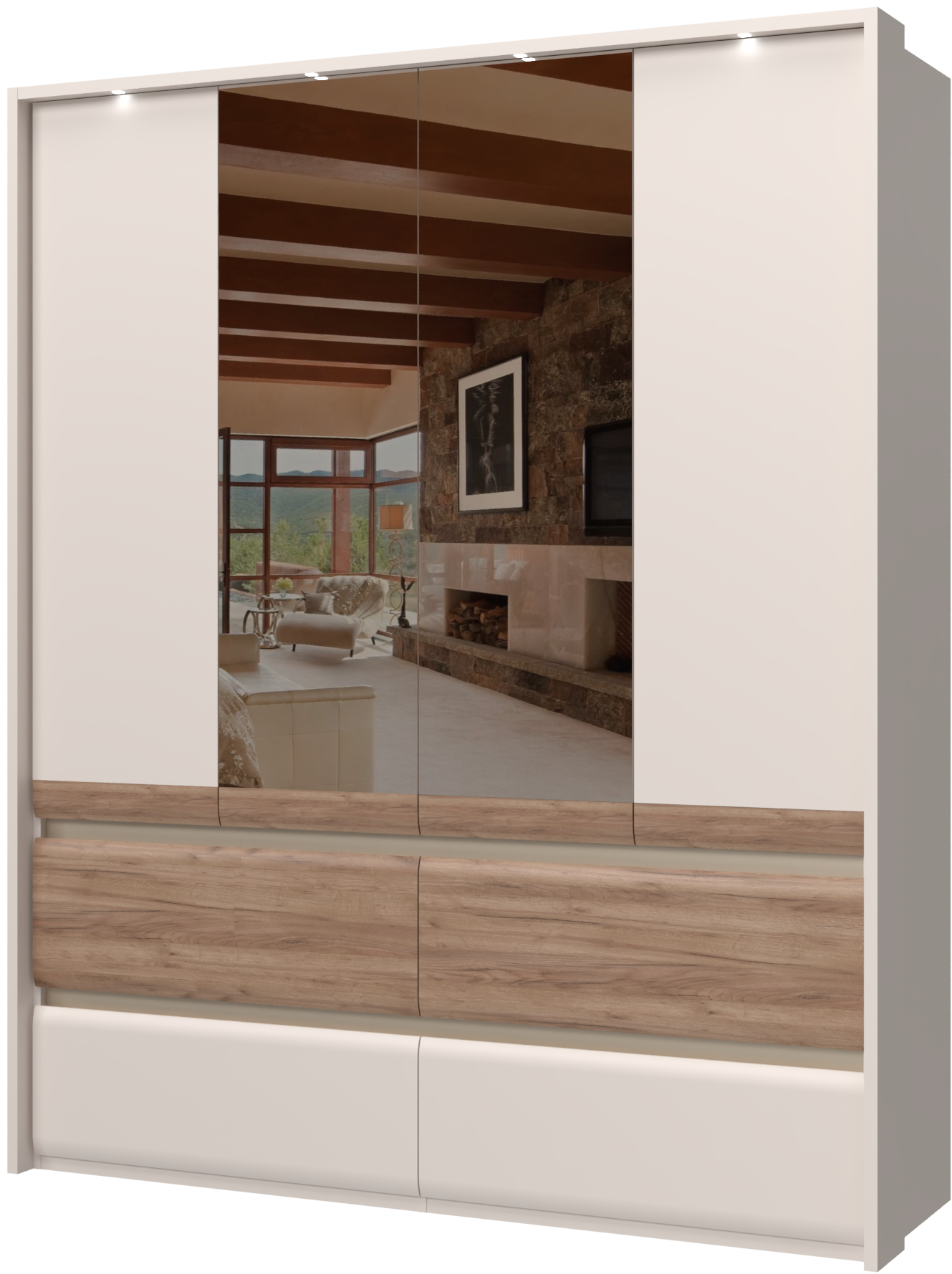 Places of Style Kleiderschrank »Invictus, UV lackiert, FSC-zertifiziert, grifflose Optik«, (abgerundete Schubladen aus MDF im Holzdekor, soft-close), mit Beleuchtung und Spiegel, in 4 Breiten, hoher Schrank (226cm)