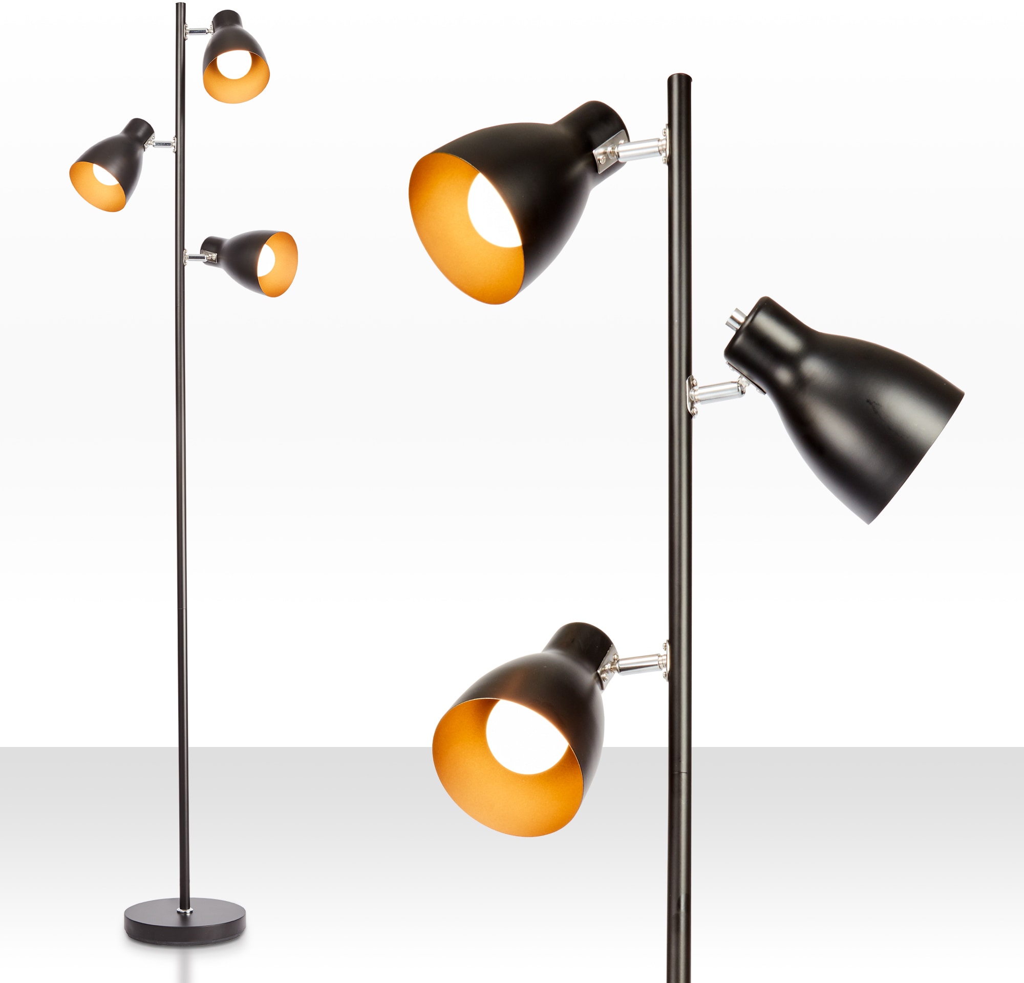 B.K.Licht Stehlampe, 3 flammig, Leuchtmittel E27 | ohne Leuchtmittel, LED Stehleuchte Design Standleuchte Retro Vintage Metall schwarz-gold