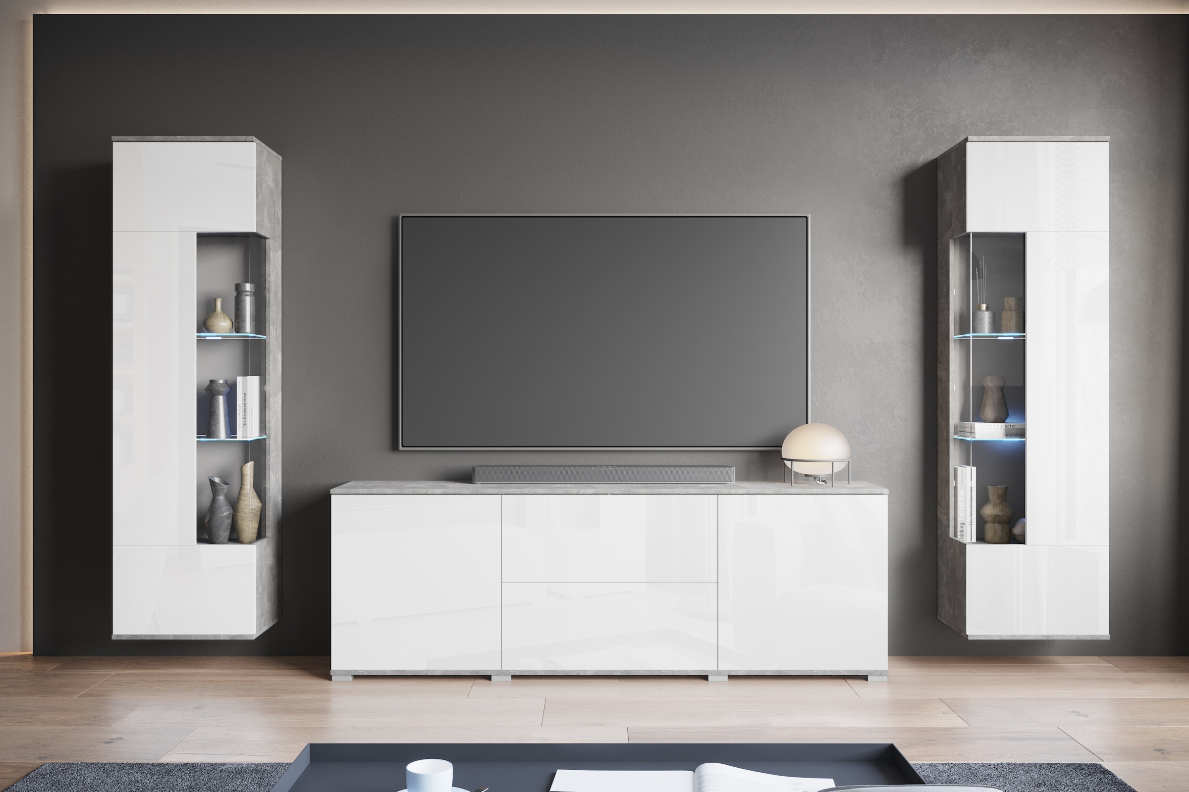 INOSIGN Wohnwand »KENIA«, (Komplett-Set, 3 St.), Vitrinen mit Eckverglasung, hängend und stehend montierbar
