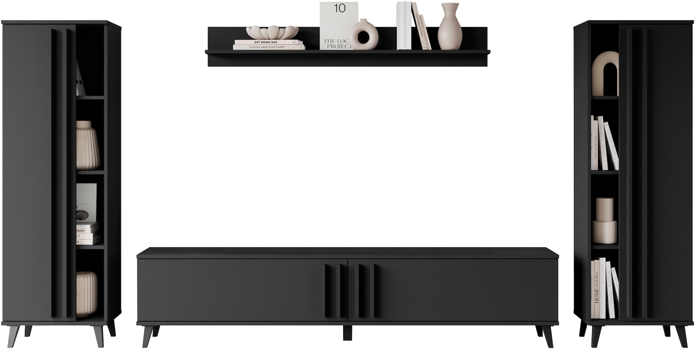 INOSIGN Wohnwand »Helsinki, Modernes Möbelset«, (Komplett-Set, 4 St.), mit lamellengriffen, verstellbaren Einlegeböden und Kunststofffüßen