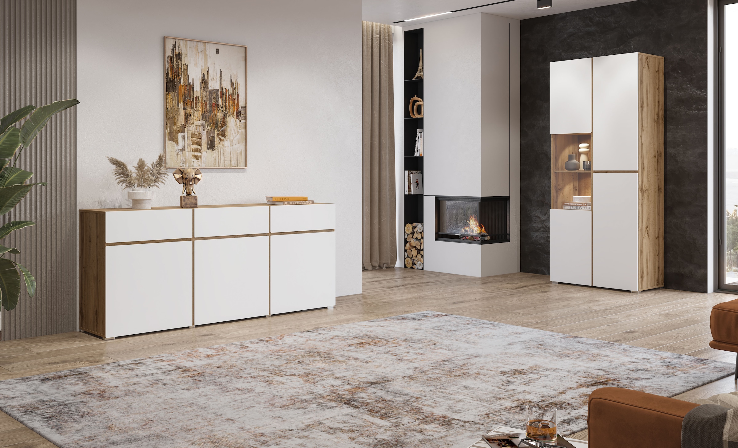 INOSIGN Vitrine »Cross, Höhe 183,5 cm, moderne grifflose Standvitrine mit 3 Türen«, Hochschrank mit viel Stauraum, Glastür und verstellbaren Einlegeböden