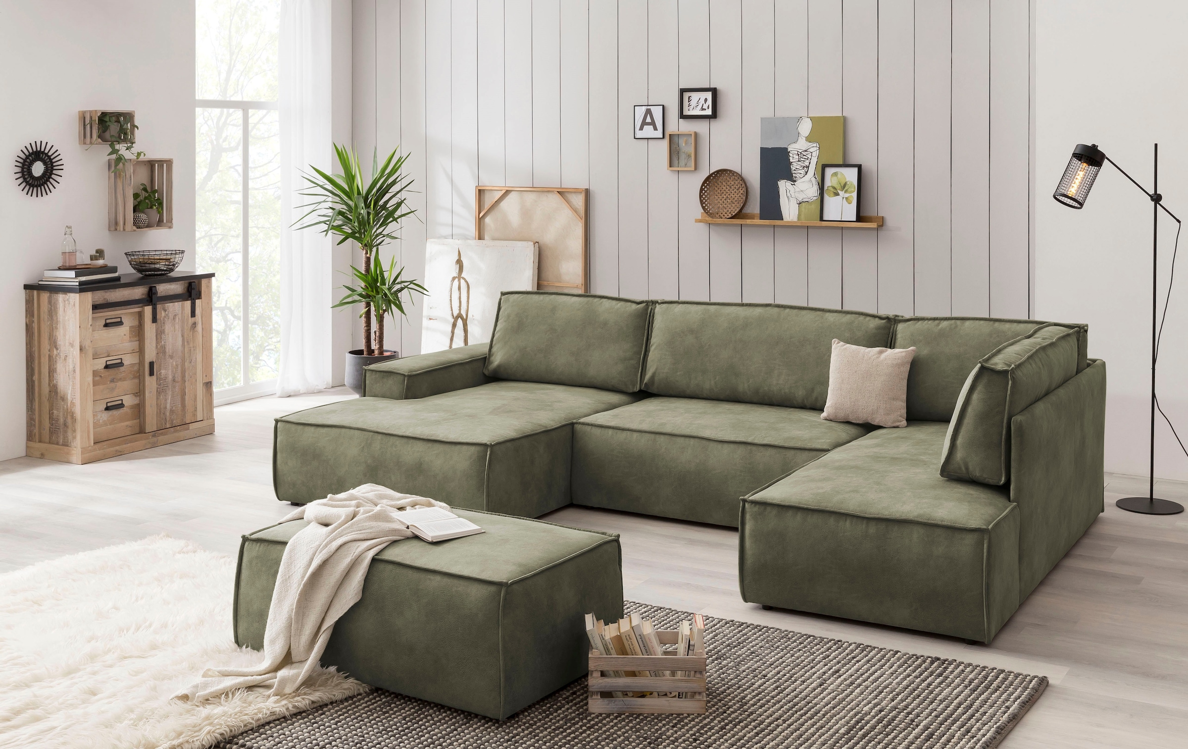 Home affaire Wohnlandschaft »SHERWOOD 329 cm, U-Form, Schlafsofa,«, Schlaffunktion m. Bettkasten (194x139 cm), Cord, Vintage, Samtvelours