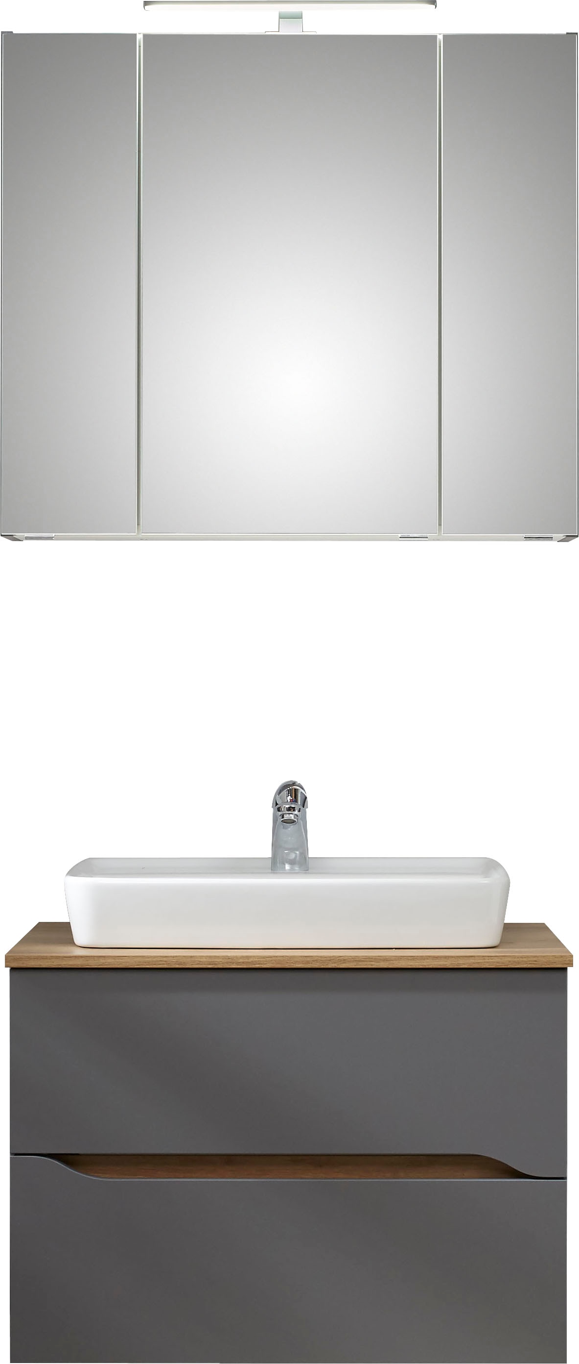 Saphir Badmöbel-Set »Quickset 2-teilig, Keramik-Aufsatzbecken mit LED-Spiegelschrank«, (2 St.), 80 cm breit, 2 Schubladen, 3 Spiegeltüren, 6 Einlegeböden