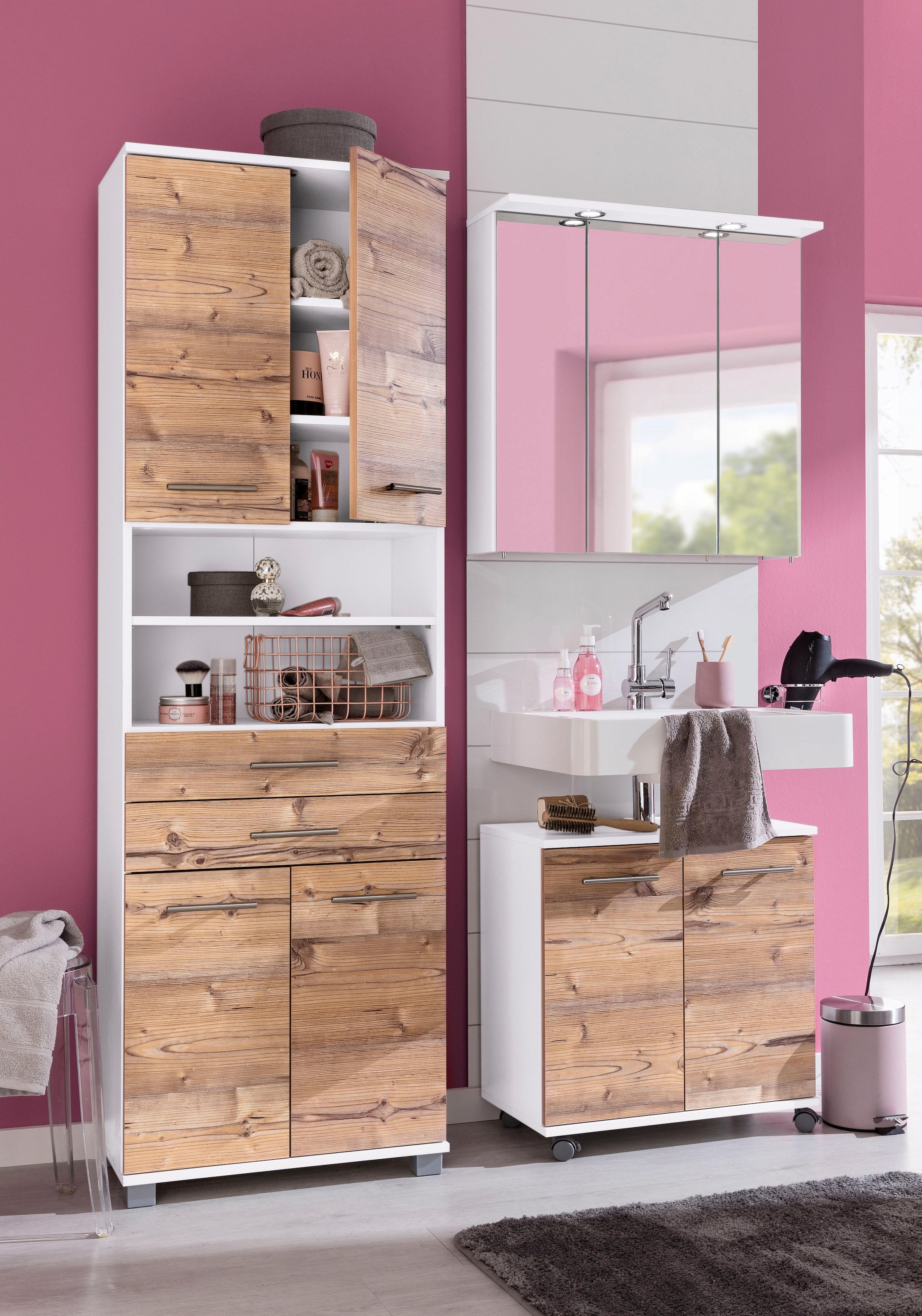 welltime Waschbeckenunterschrank »Emmi, Breite 59 cm«, Siphonausschnitt, Metallbeschläge